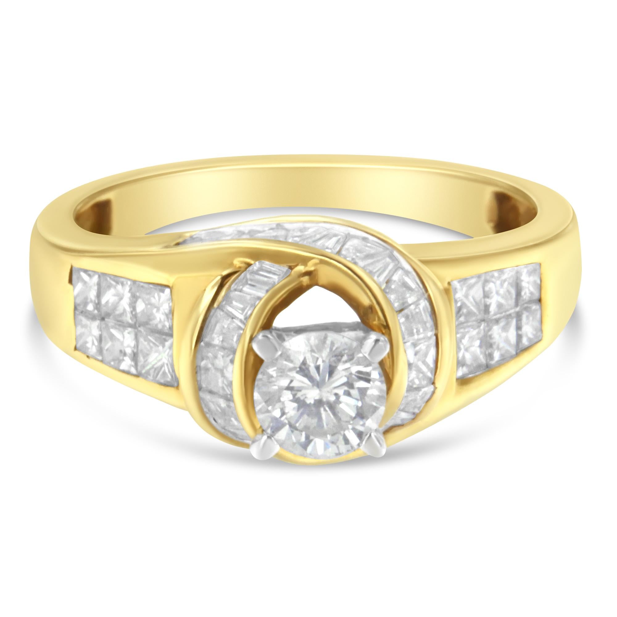 14K Two-Toned Gold Round, Baguette and Princess Cut Diamond Ring (1