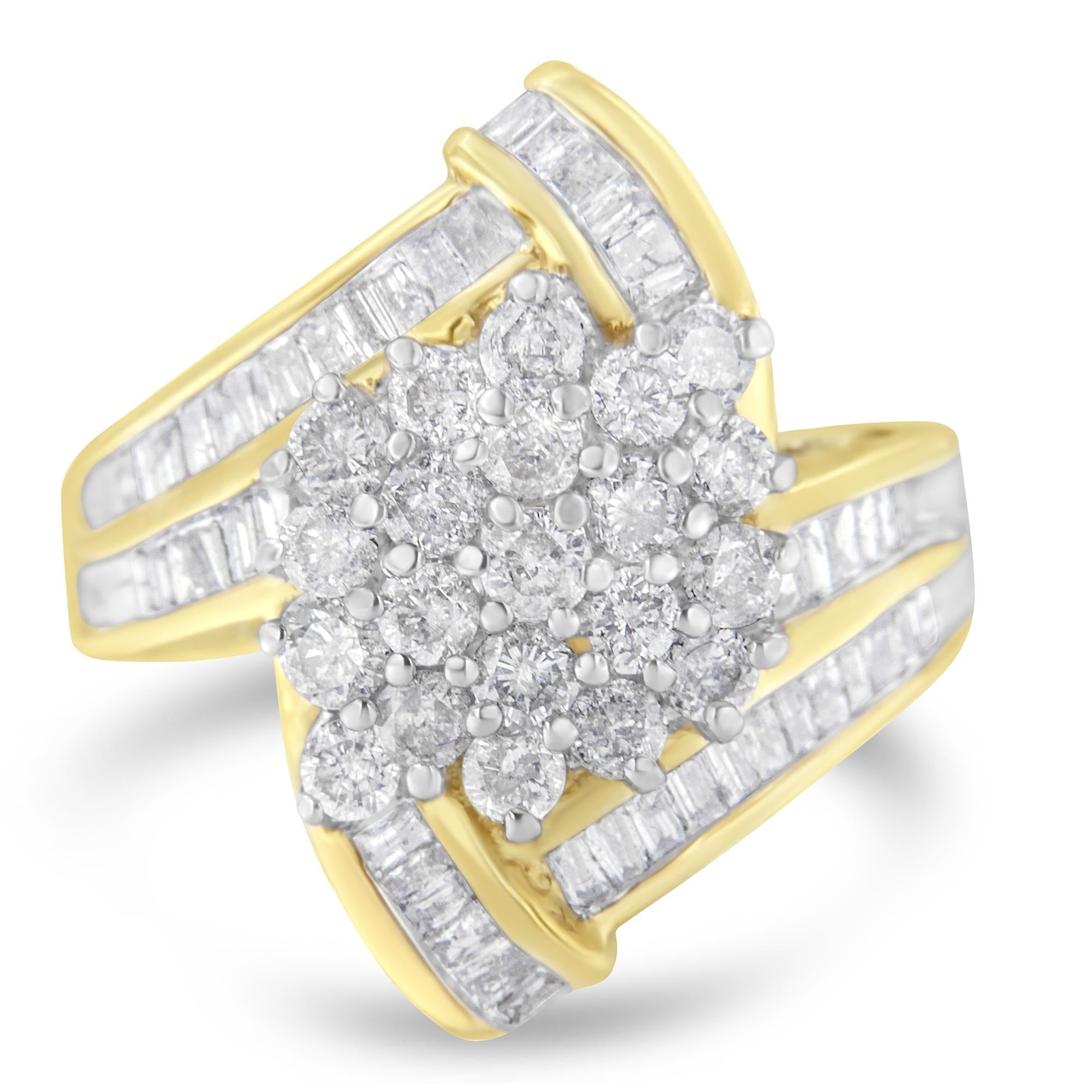 10K Yellow Gold Round and Baguette Diamond Crossover Cluster Ring (3