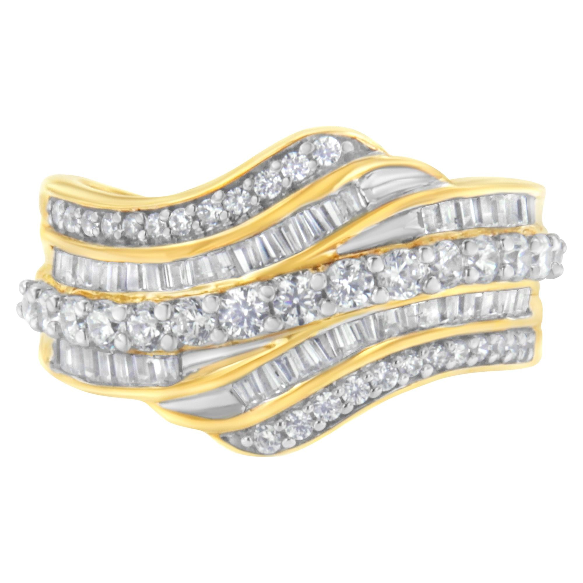 10K Yellow Gold 1.0 Cttw Baguette and Round Diamond Multi-Row Wave