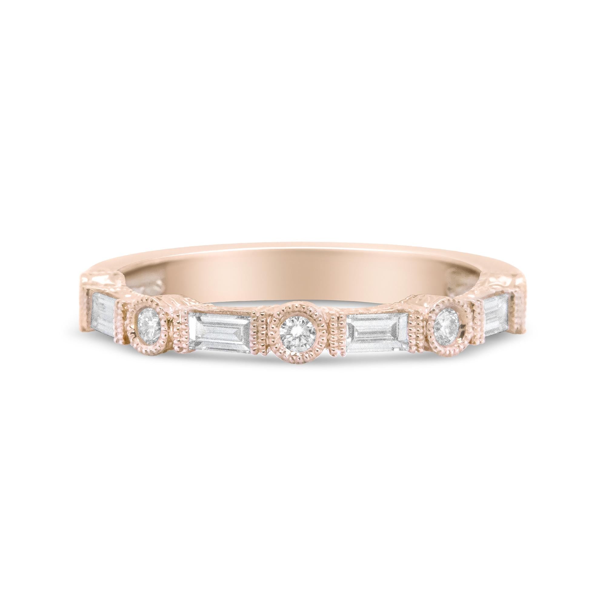 14K Rose Gold 3/8 Cttw Baguette and Round Diamond Bridal Band - (H-I