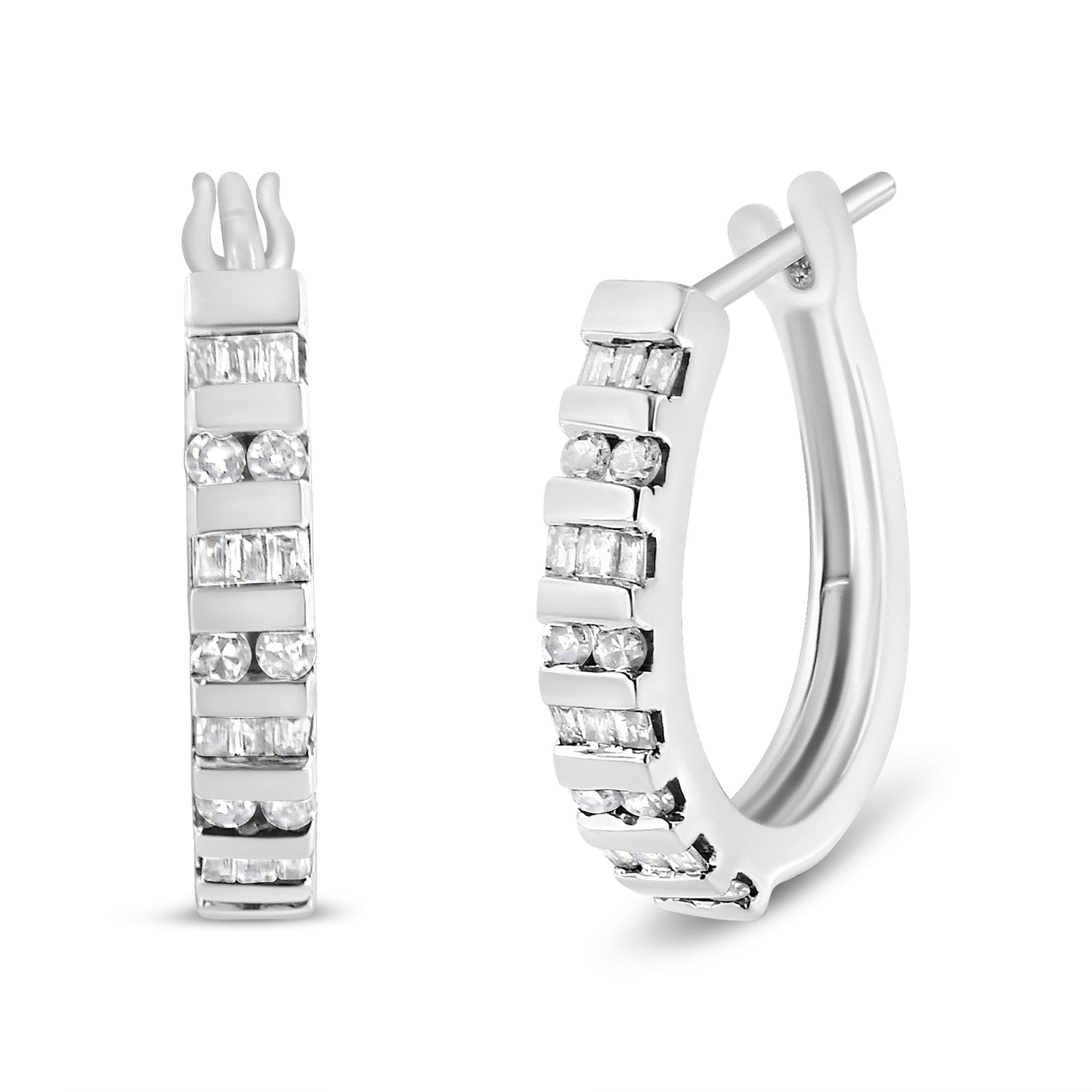 10K Gold Round and Baguette-Cut Diamond Hoop Earrings (I-J Color,