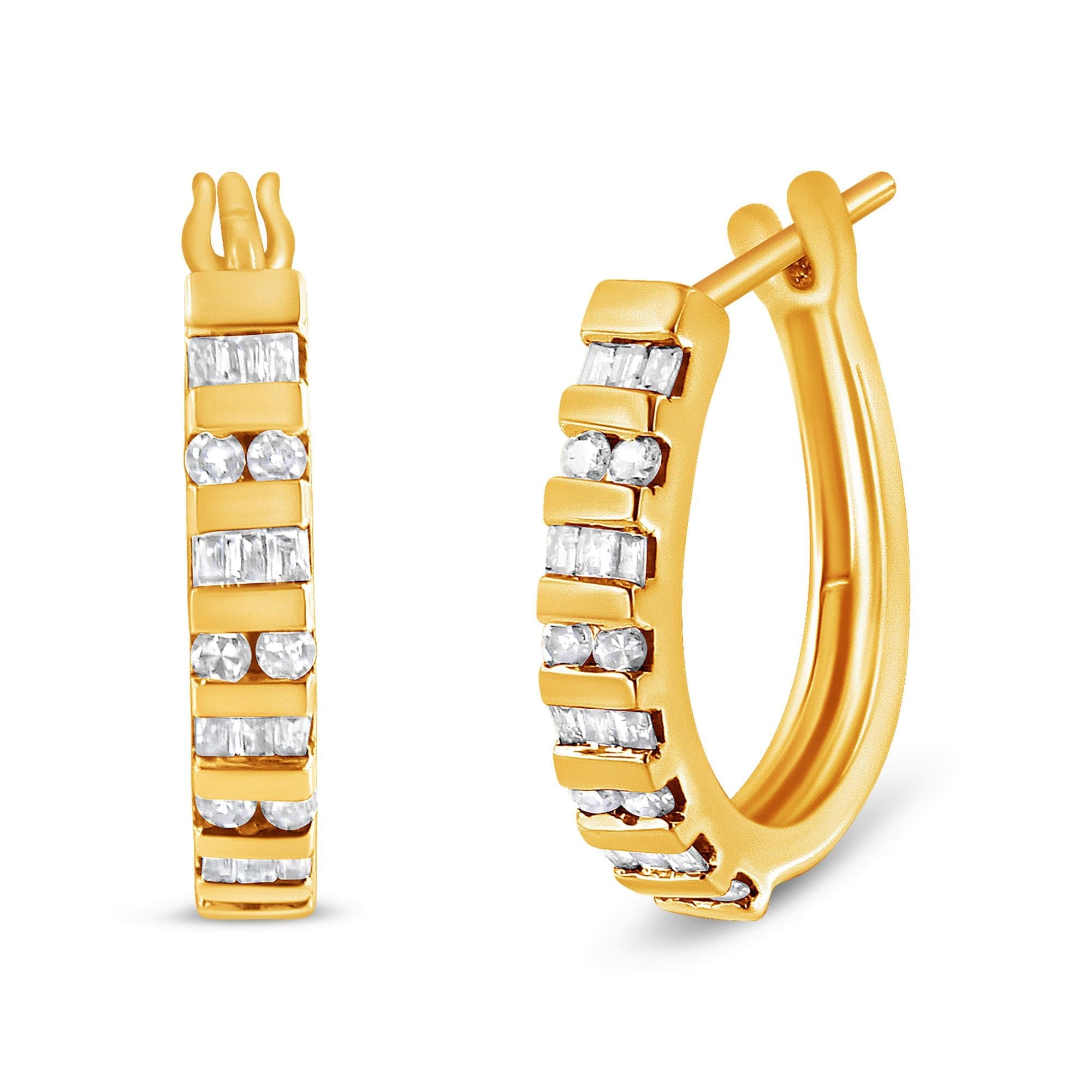 10K Gold Round and Baguette-Cut Diamond Hoop Earrings (I-J Color,