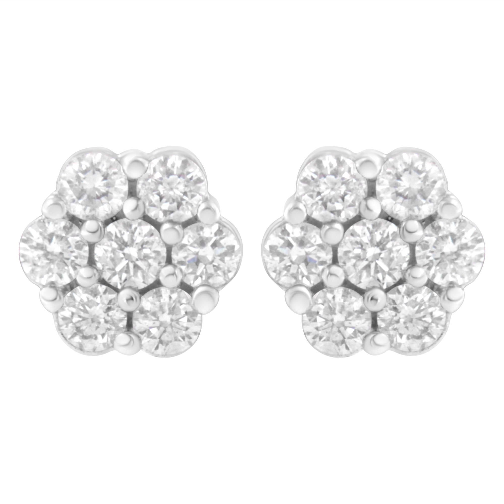 14K White Gold 7 Stone Floral Cluster Round Brilliant Cut Diamond Stud