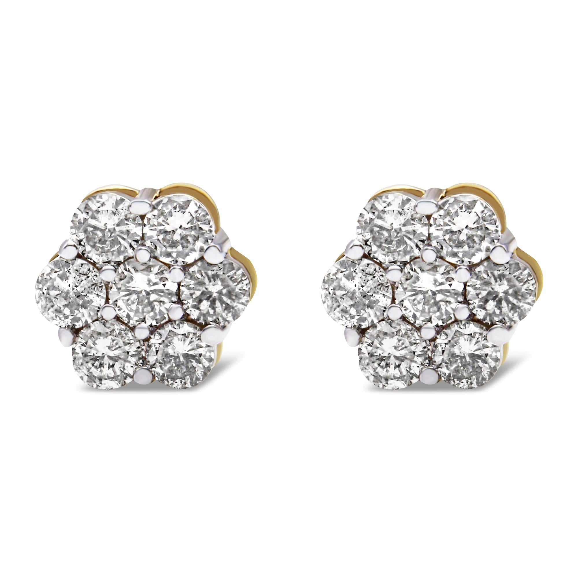 14K Yellow Gold 2.0 Cttw Diamond Floral Cluster Stud Earring with