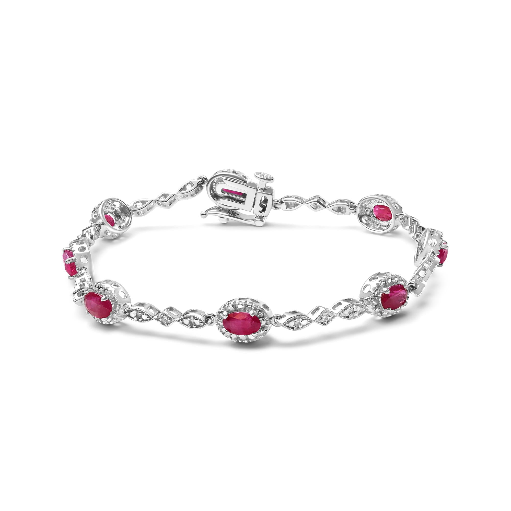 10K White Gold 4.5mm x 3mm Oval Ruby and Diamond Link Bracelet (H-I