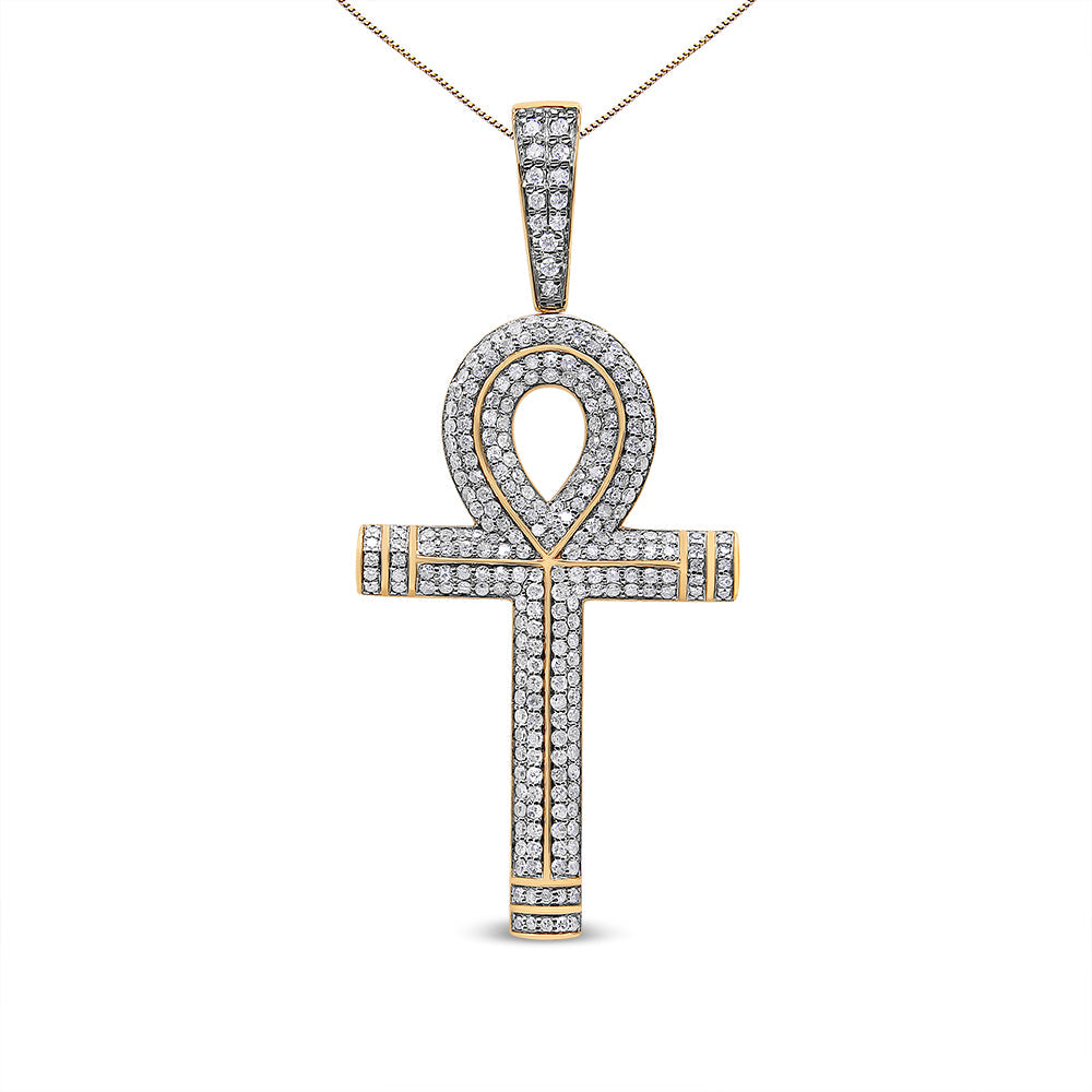 10K Yellow Gold 1 7/8 Cttw Round Diamond Ankh Cross Pendant Necklace