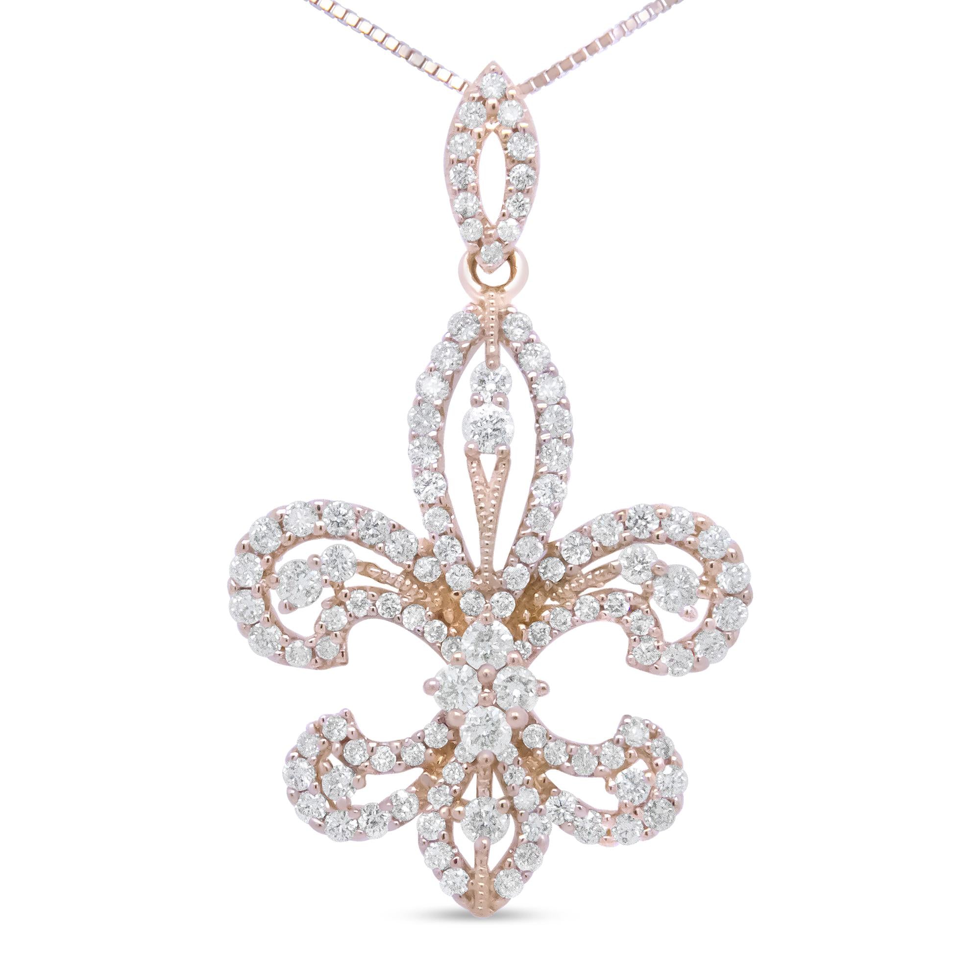 14K Yellow Gold 1.00 Cttw Round Diamond Fleur De Lis 18" Pendant
