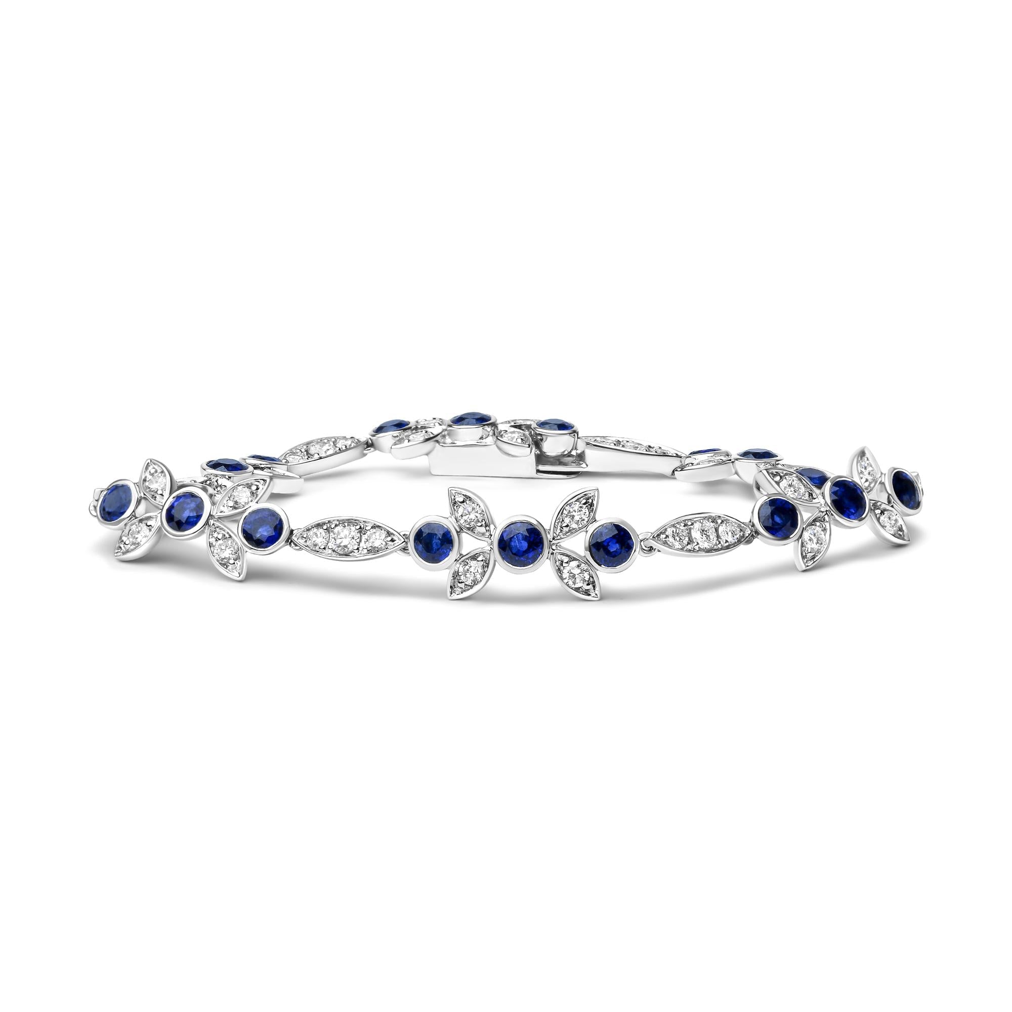 18K White Gold 1 3/4 Cttw Diamond and 3x3mm Round Blue Sapphire
