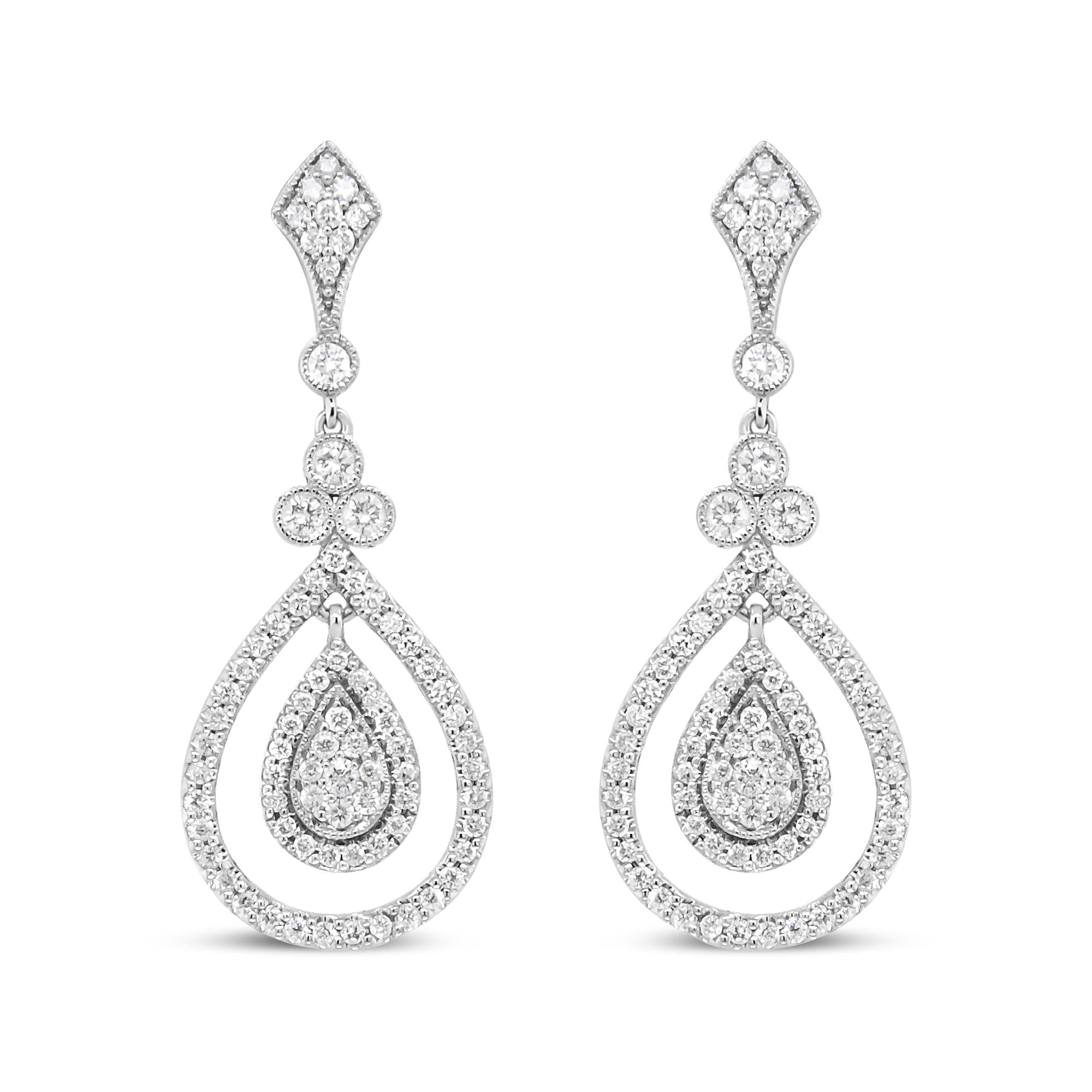 18K White Gold 1 1/4 Cttw Round Diamond Openwork Teardrop-Shaped