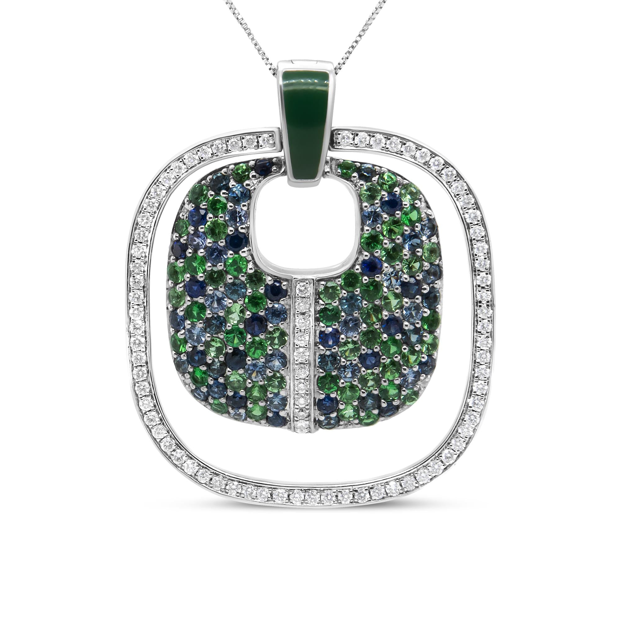 .925 Sterling Silver Green Enamel Pendant with 1/2 Cttw Diamond,
