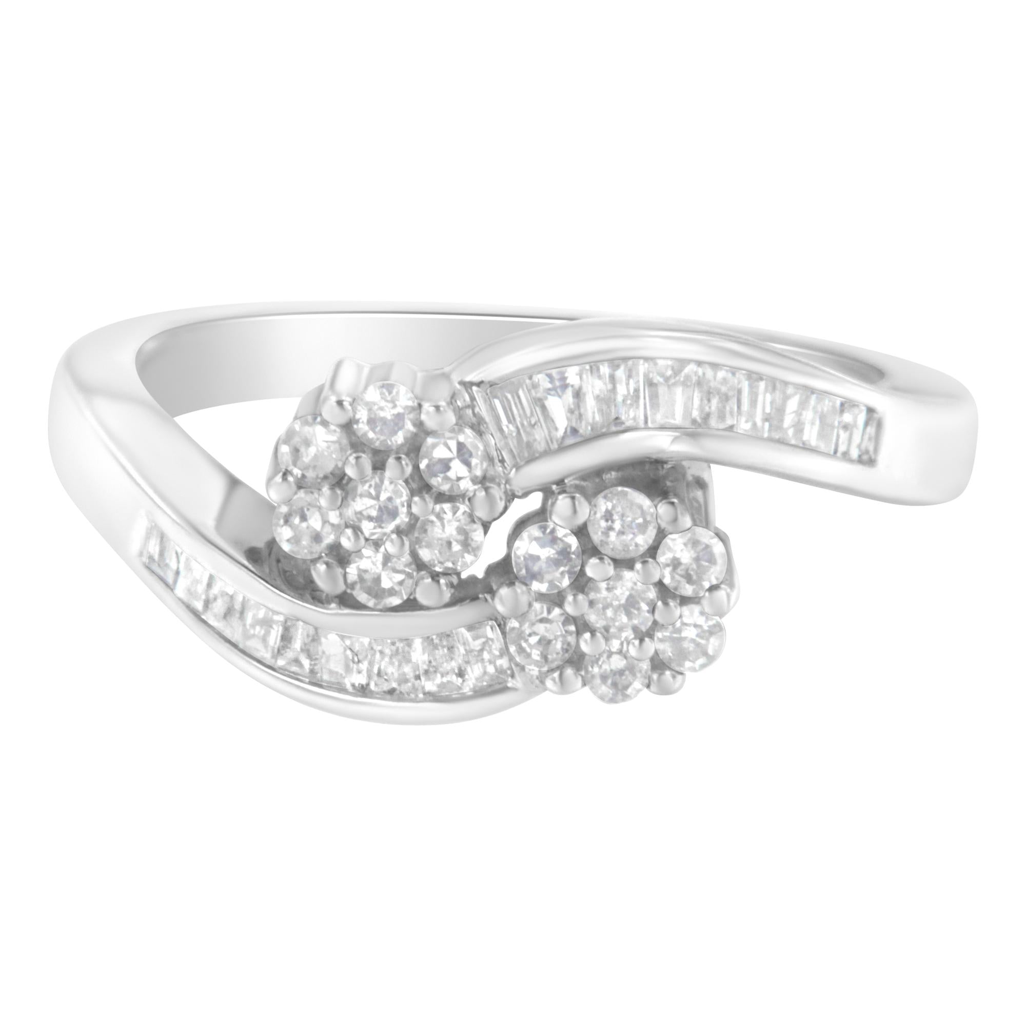 14K White Gold Round and Baguette Diamond Bypass Ring (1/2 cttw, H-I