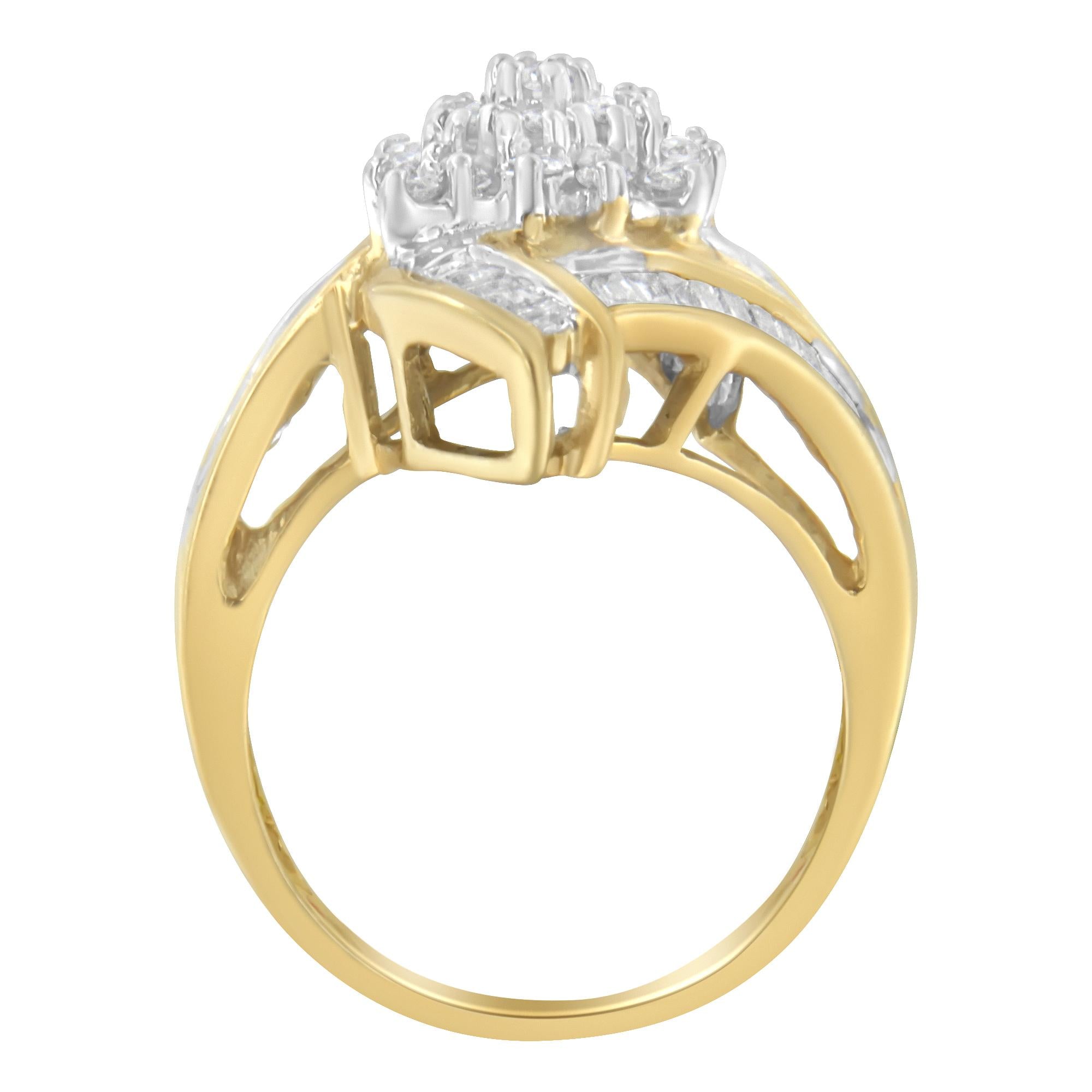 10K Yellow Gold Round and Baguette-Cut Diamond Bypass Cluster Ring