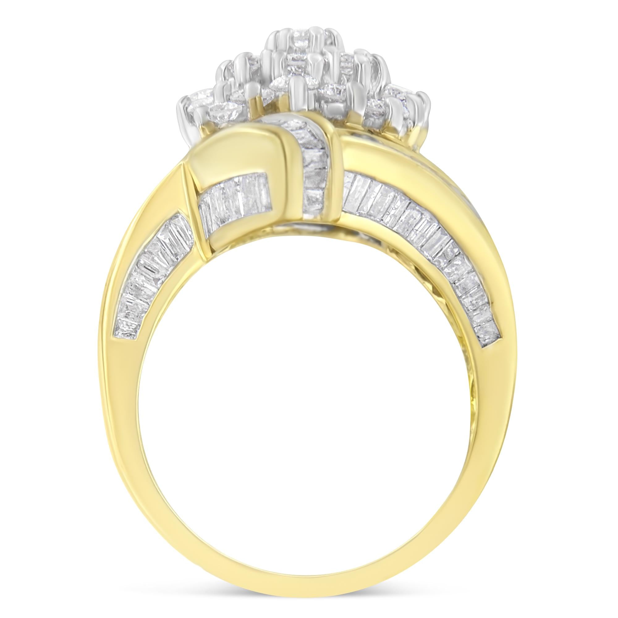 10K Yellow Gold Round and Baguette Diamond Crossover Cluster Ring (3