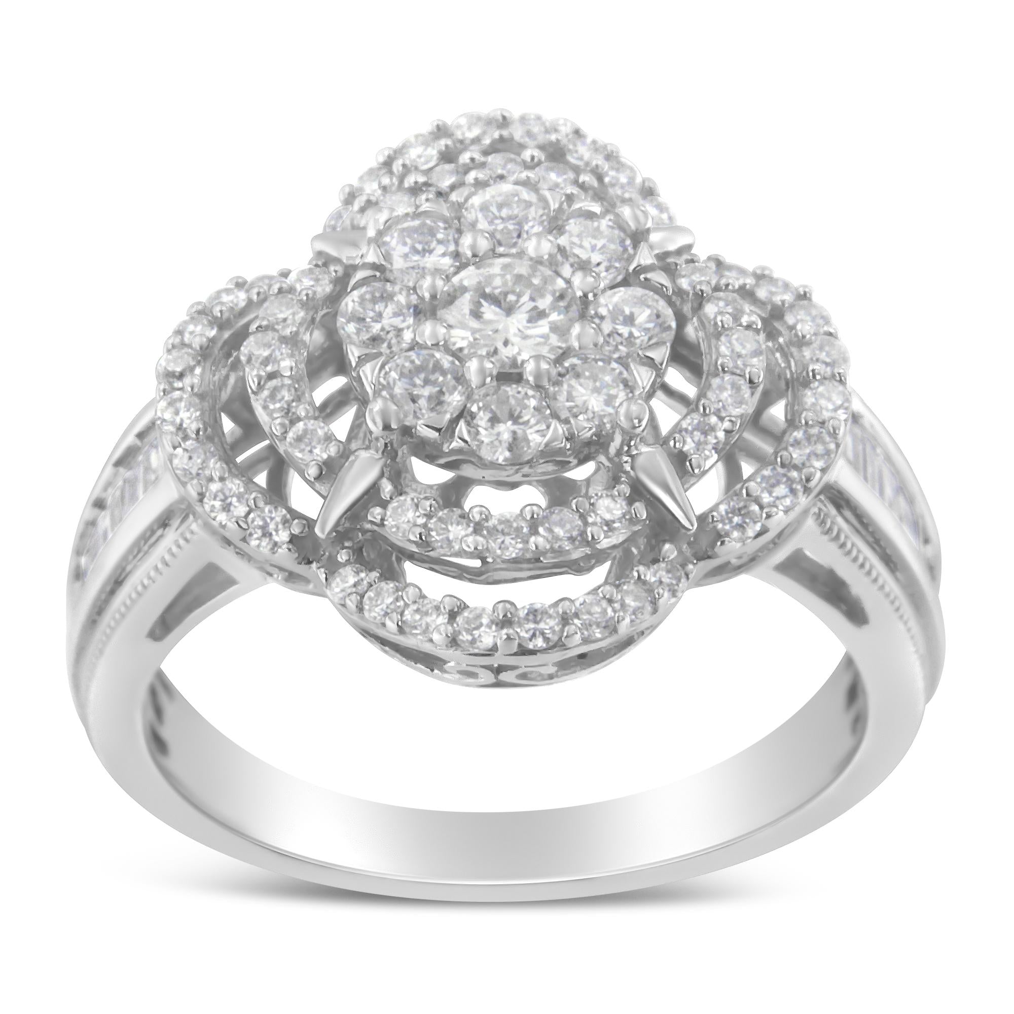 14K White Gold 1.0 Cttw Round & Baguette Cut Diamond Floral Cluster