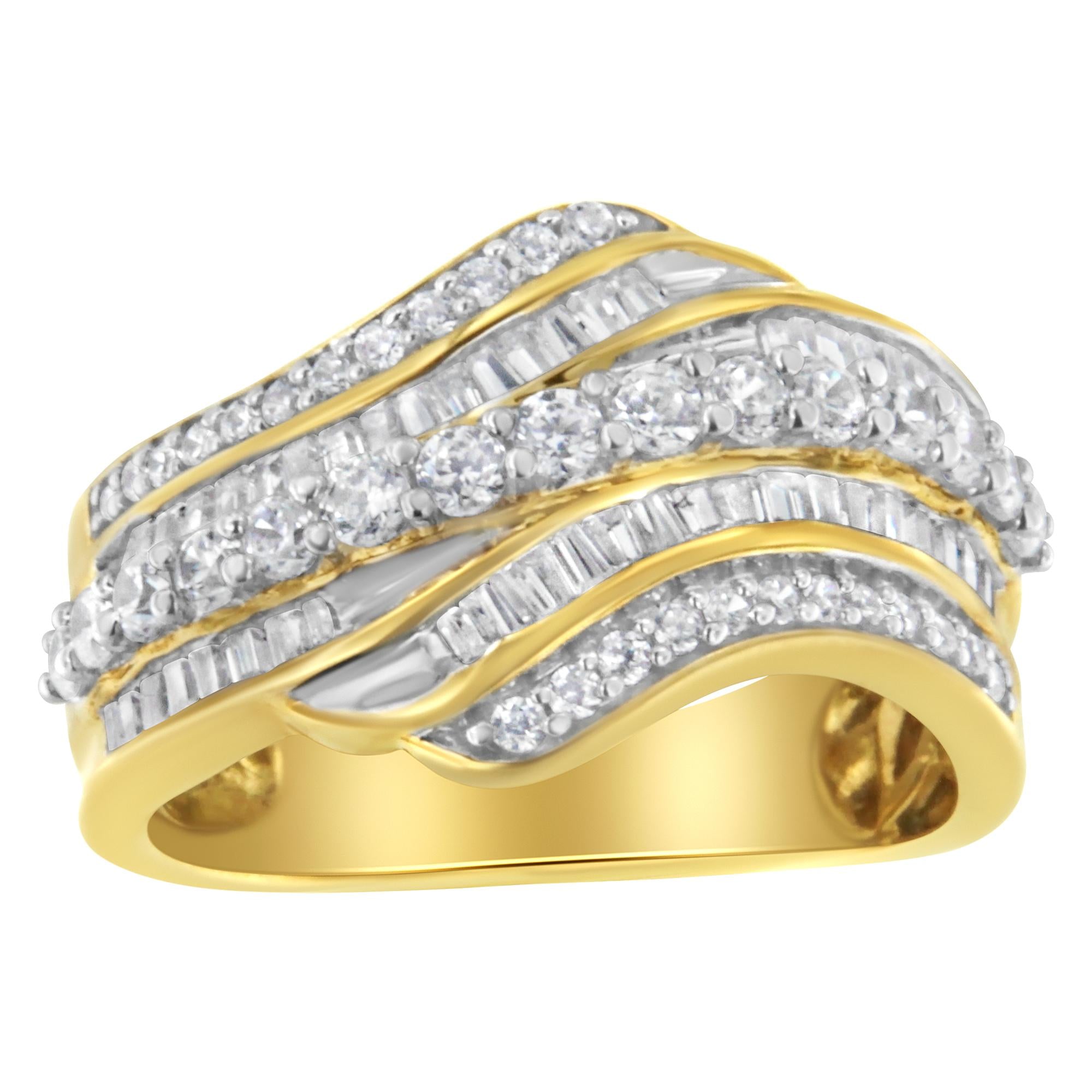 10K Yellow Gold 1.0 Cttw Baguette and Round Diamond Multi-Row Wave