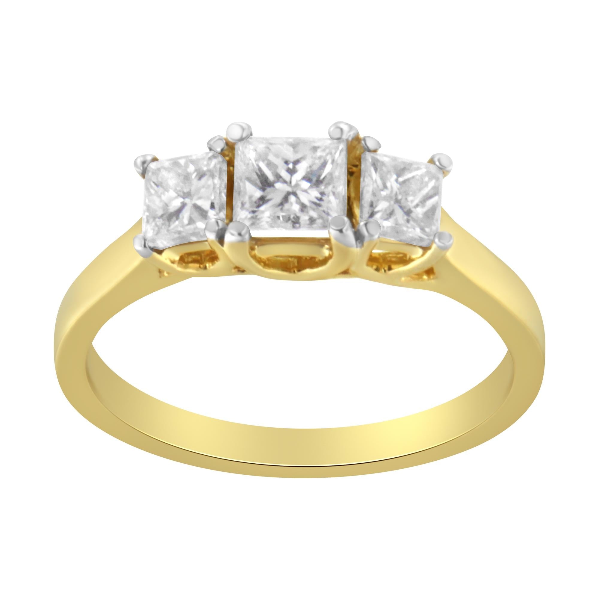 10K Yellow Gold Princess-Cut Diamond Three Stone Band Ring (1 Cttw,