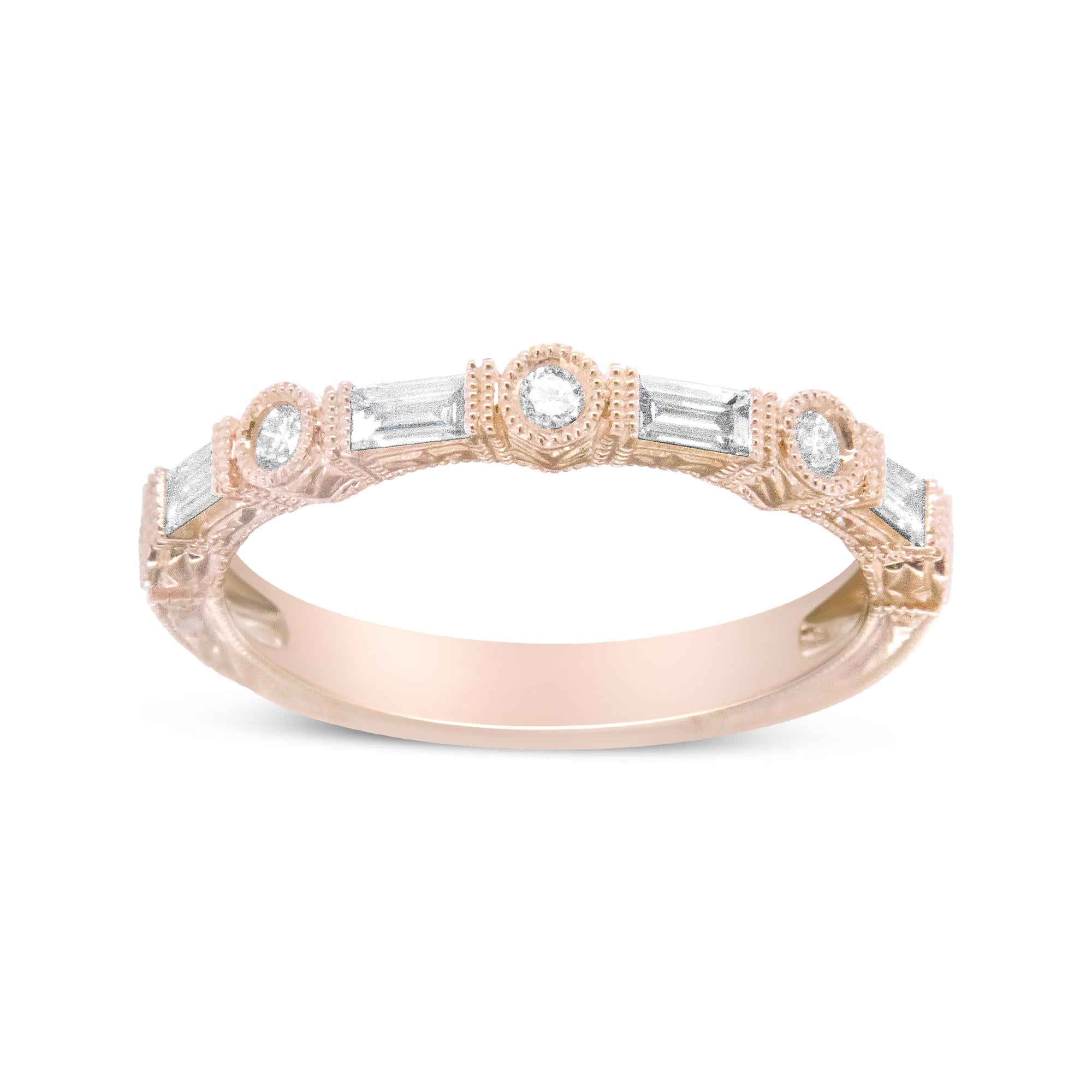 14K Rose Gold 3/8 Cttw Baguette and Round Diamond Bridal Band - (H-I