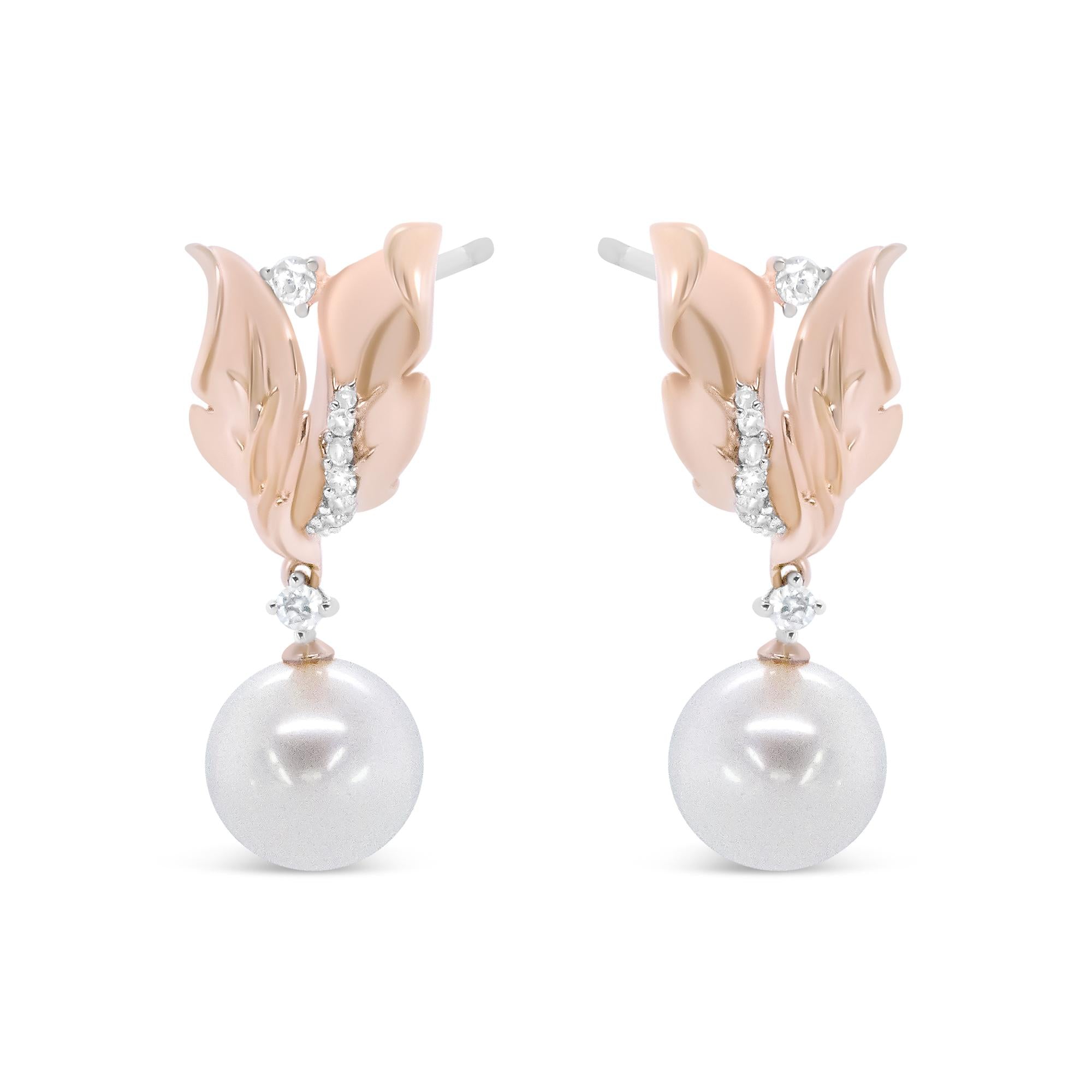 14K Rose Gold 1/6 Cttw Round Diamond and 8mm Round Pearl Floral Drop