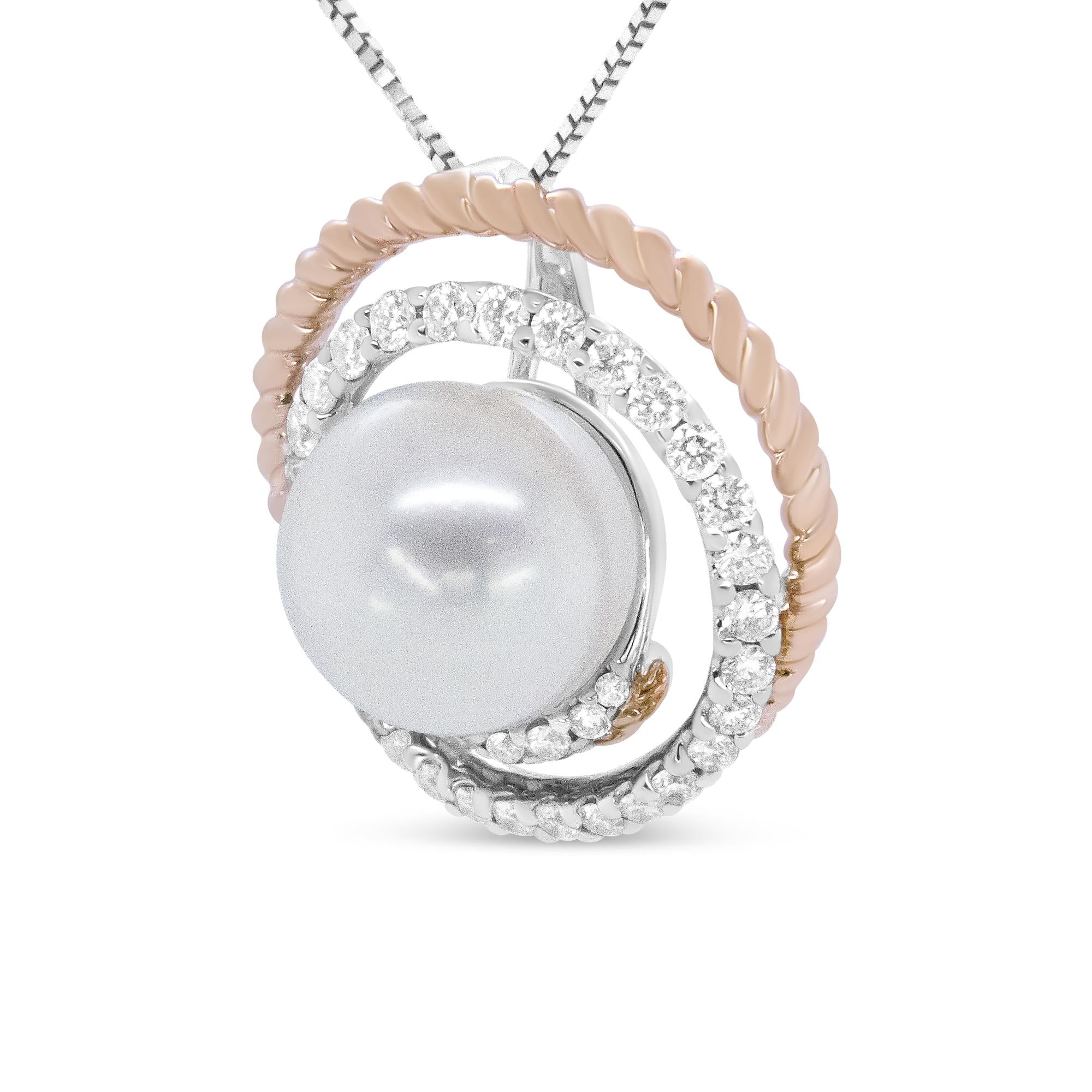 14K Rose and White Gold 3/8 Cttw Pave Diamond and 9mm Round Pearl