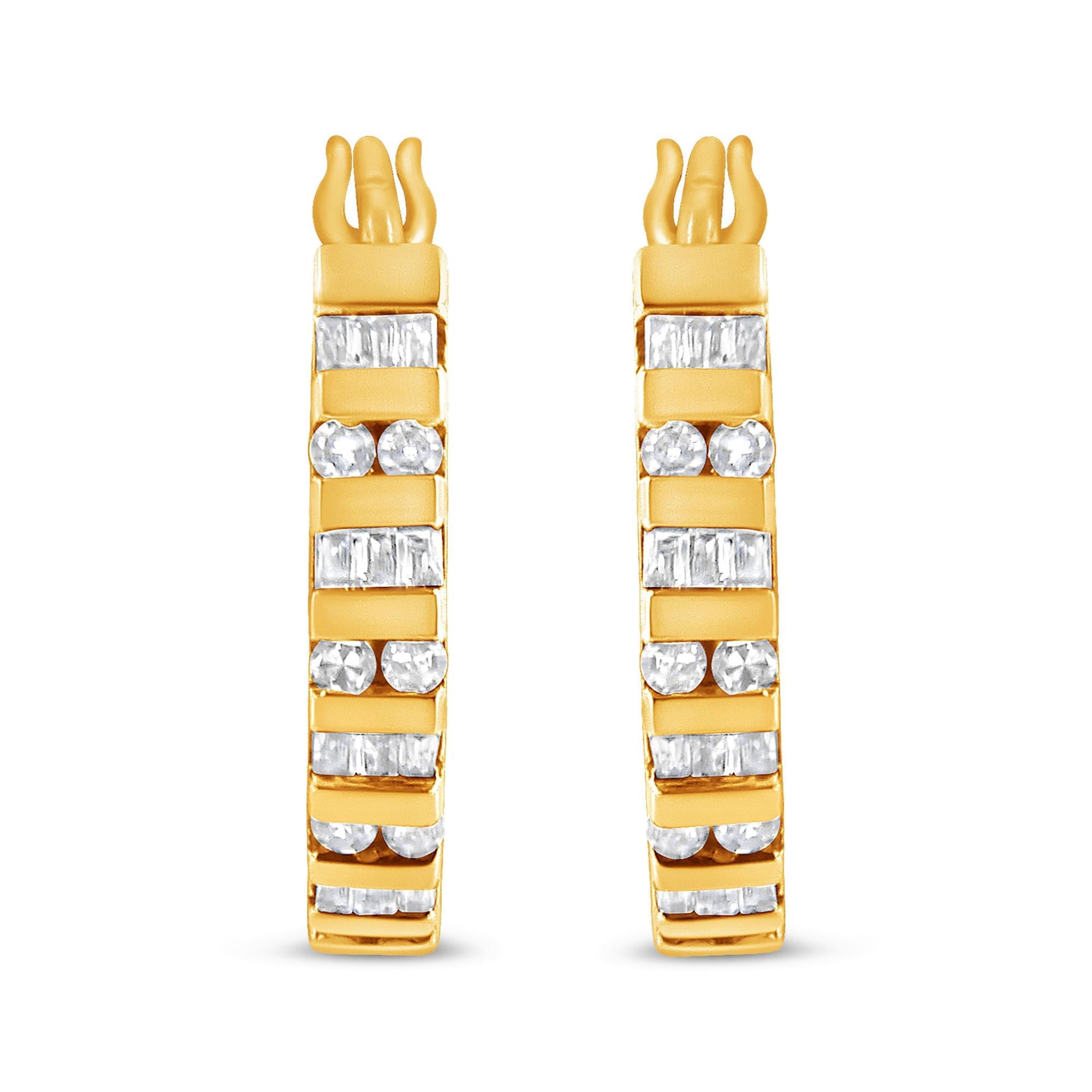 10K Gold Round and Baguette-Cut Diamond Hoop Earrings (I-J Color,