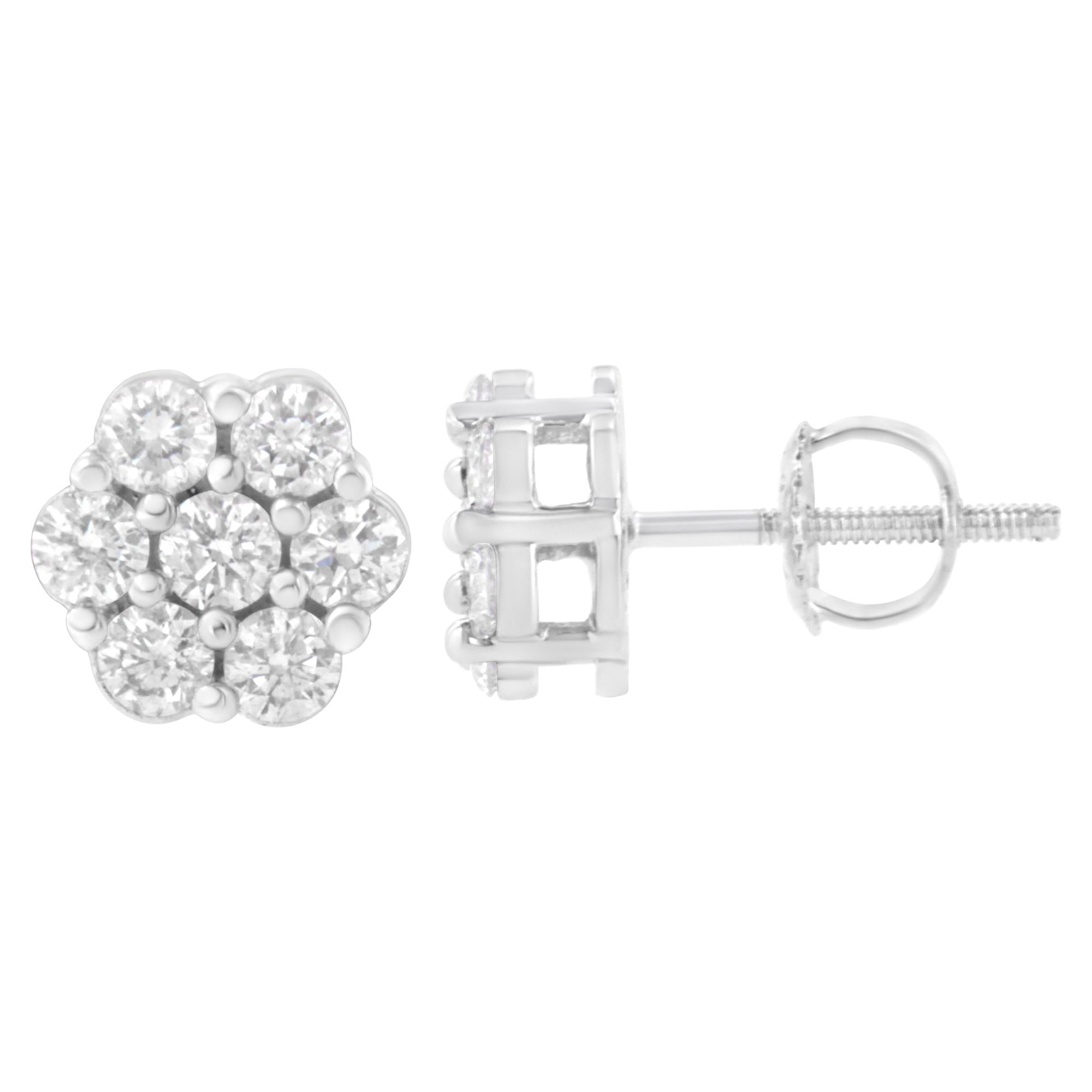 14K White Gold 7 Stone Floral Cluster Round Brilliant Cut Diamond Stud