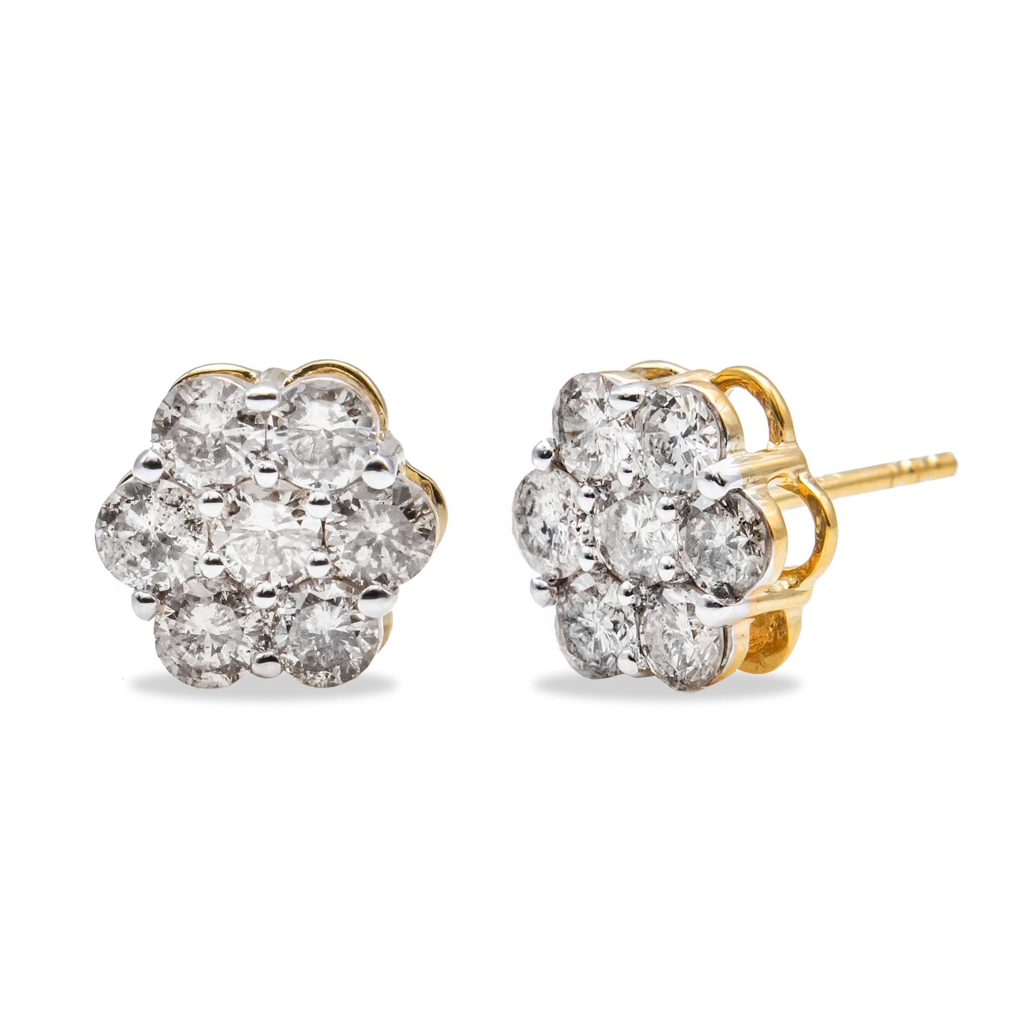 14K Yellow Gold 2.0 Cttw Diamond Floral Cluster Stud Earring with