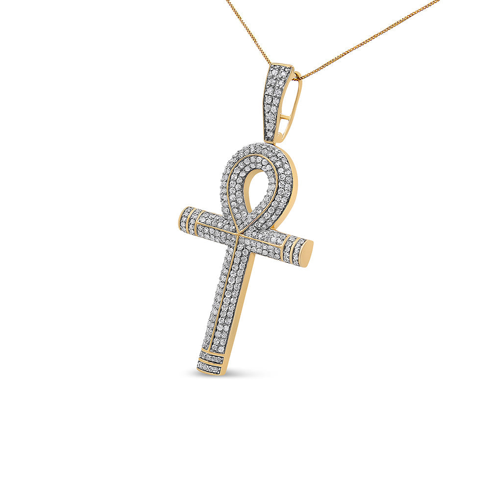 10K Yellow Gold 1 7/8 Cttw Round Diamond Ankh Cross Pendant Necklace