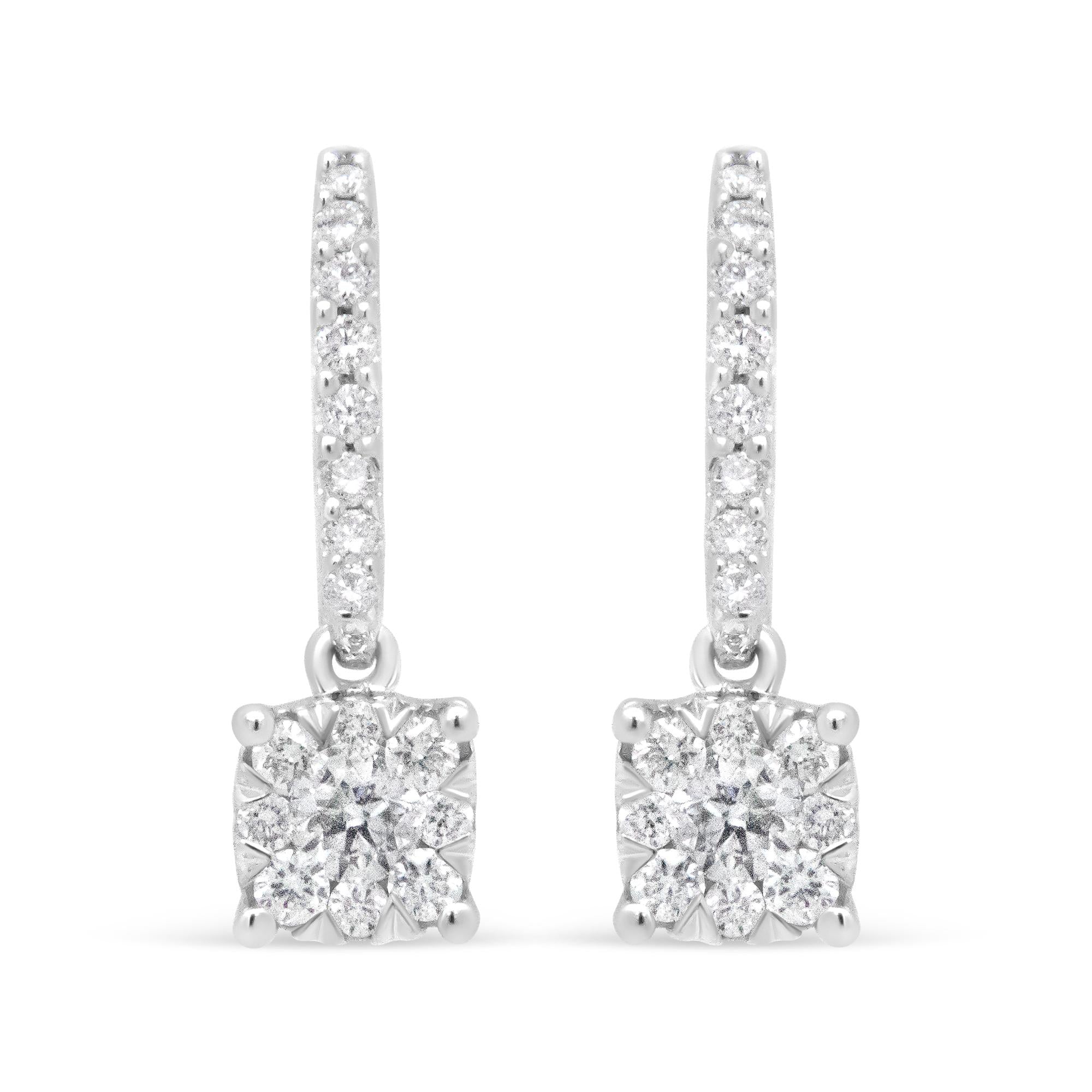 14K White 1/2 Cttw Round Diamond Halo Dangle Hook Earring - (H-I