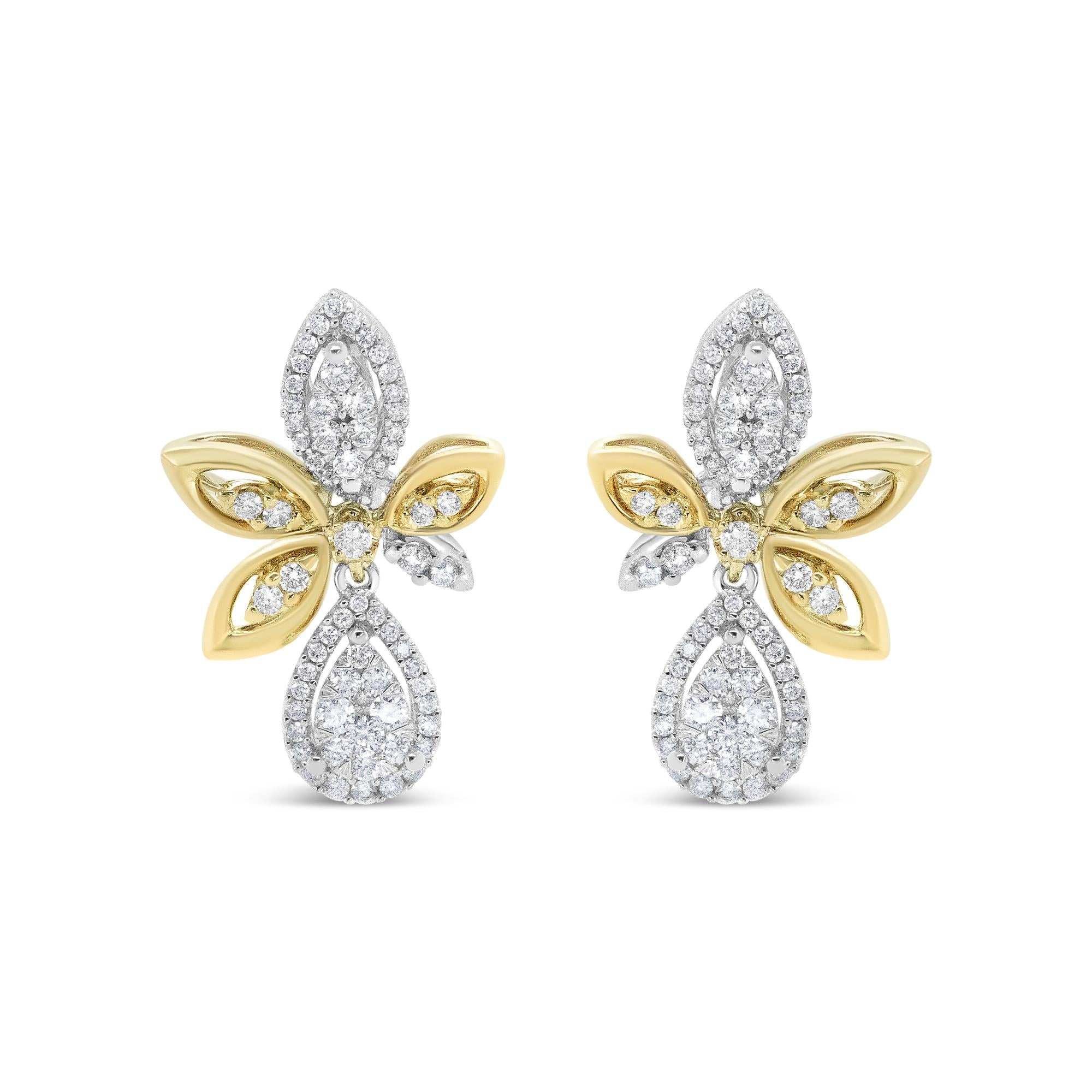 14K White and Yellow Gold 1.00 Cttw Round Pave-Set Diamond Teardrop