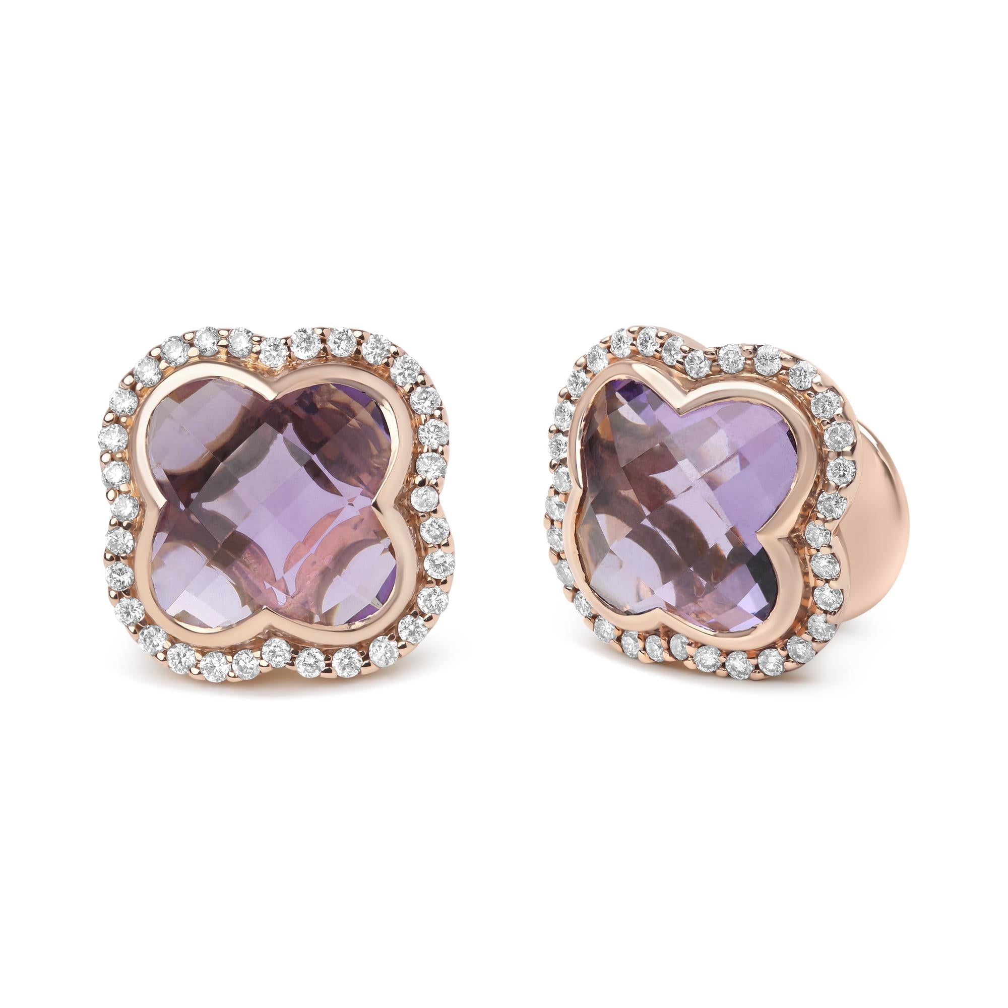 18K Rose Gold 3/8 Cttw Diamond and 11x11mm Clover-Cut Purple Amethyst