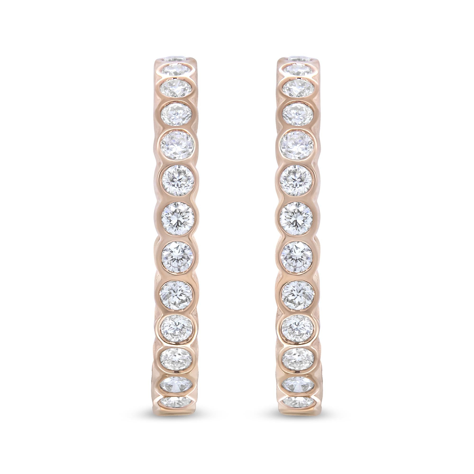 18K Rose Gold 1 Cttw Round Bezel-Set Diamond Hoop Earrings (F-G Color,