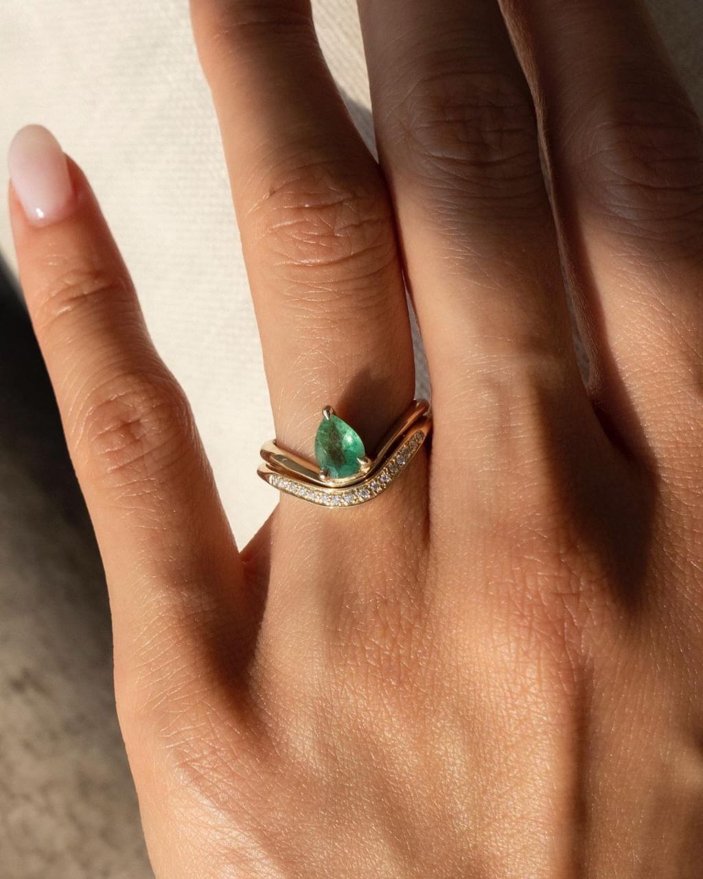 Gold Plated Silver Green Lab-Grown Emerald Pear Ring