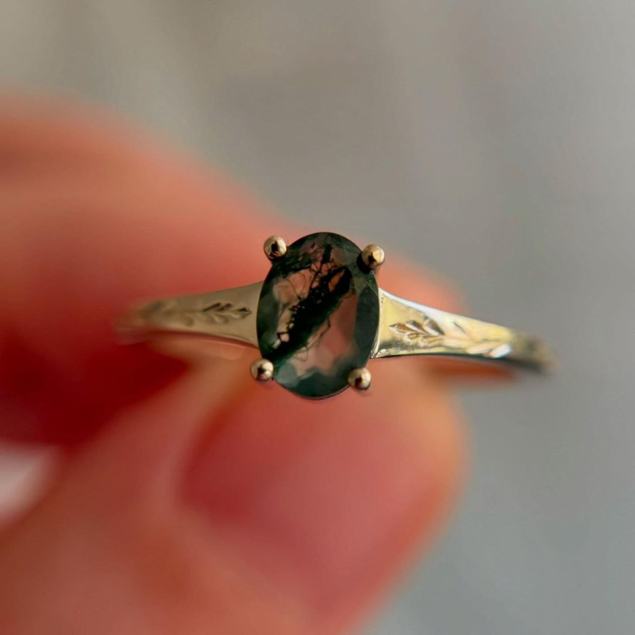 Gold Plated Silver Green Moss Agate Oval Ring
