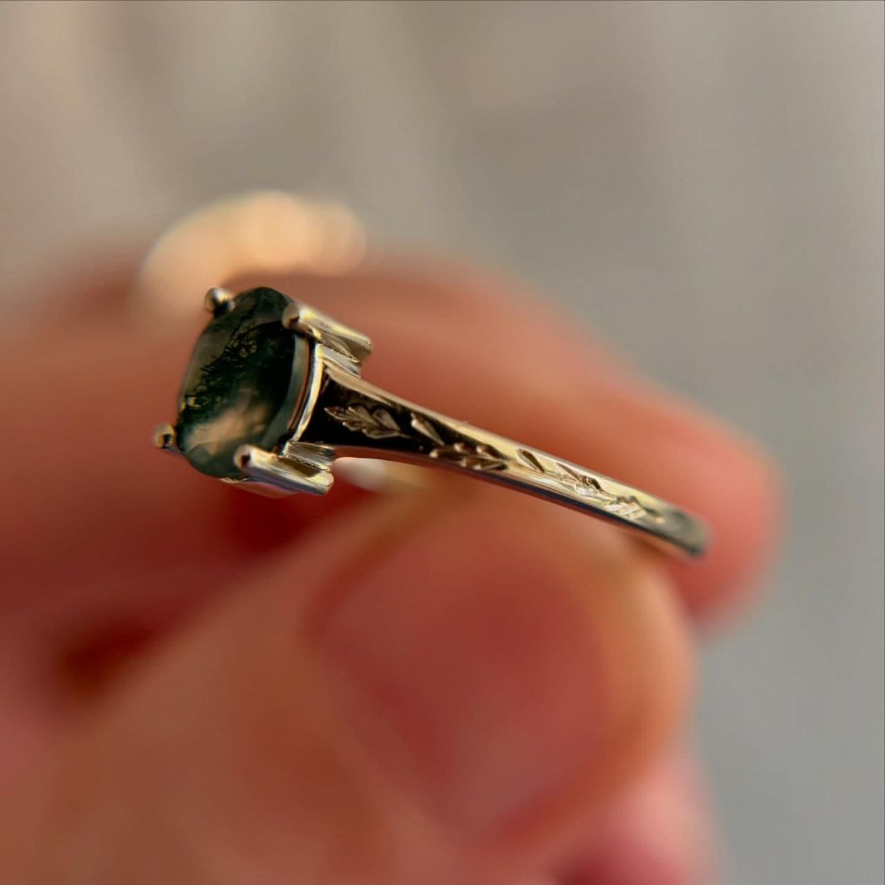 Gold Plated Silver Green Moss Agate Oval Ring