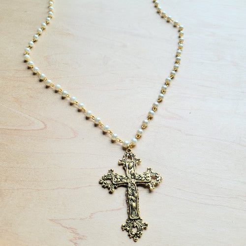 Pearl Long Beaded Necklace w/ Antique Gold Cross