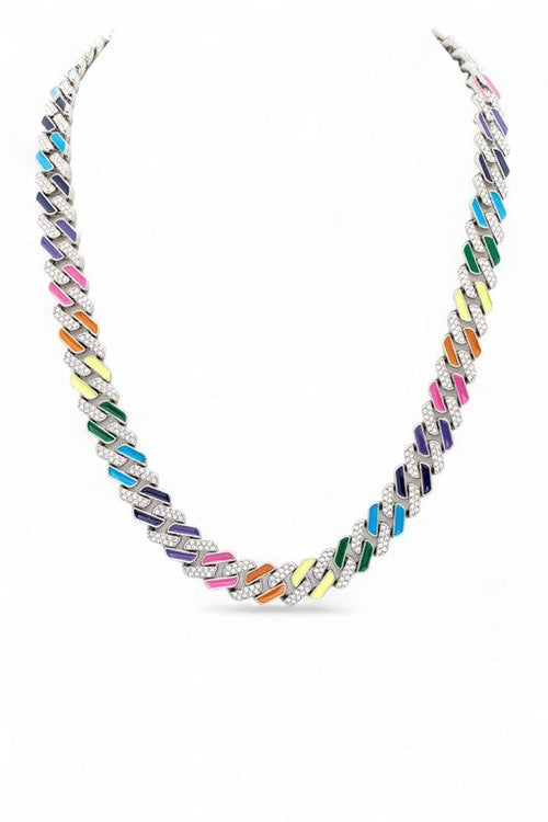 Multi Color Rhinestone Cuban Chain Necklace