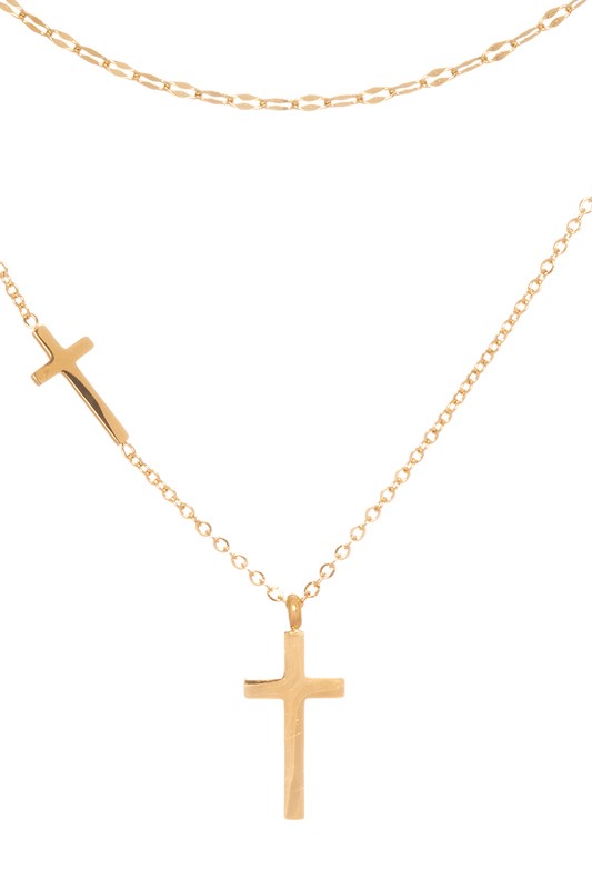 Double Cross Charm Layered Pendant Necklace