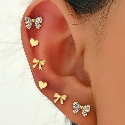 6 Piece Bow Heart Stud Earrings Set