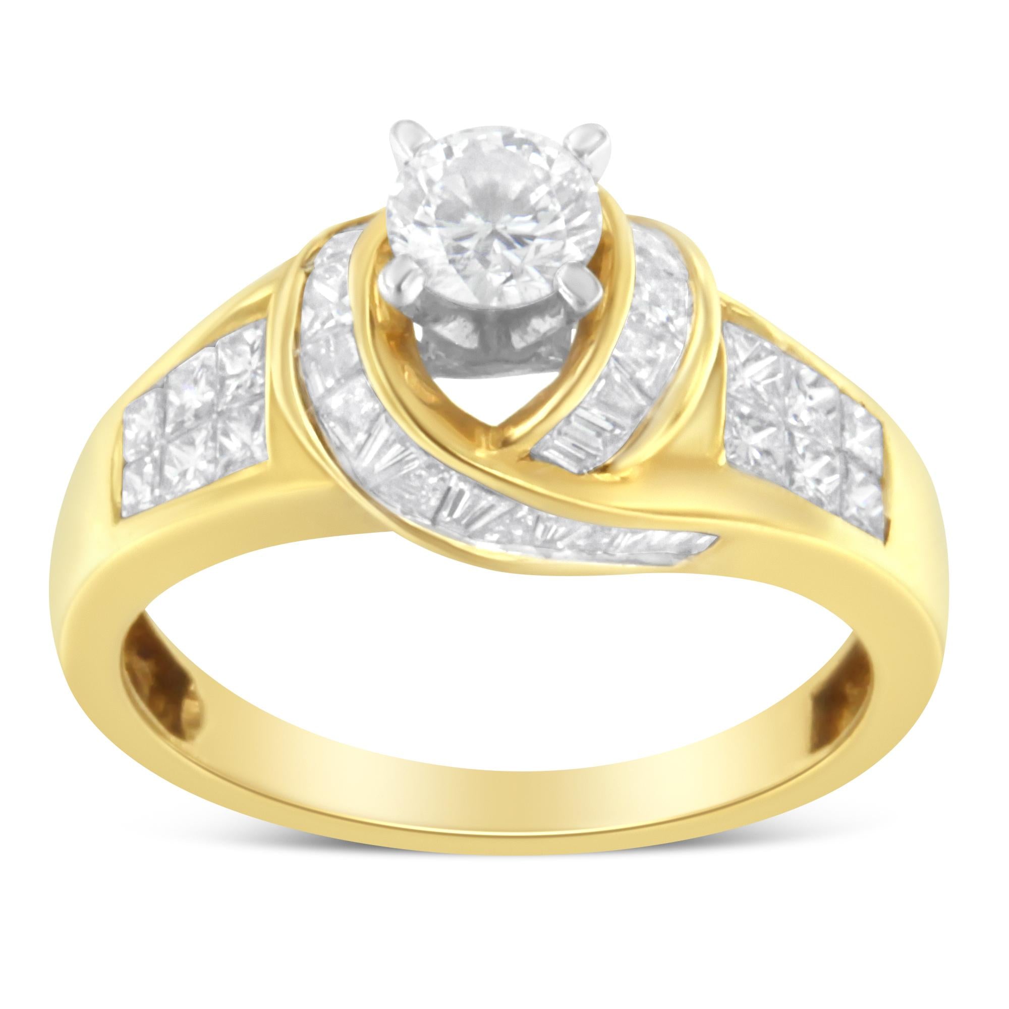 14K Two-Toned Gold Round, Baguette and Princess Cut Diamond Ring (1