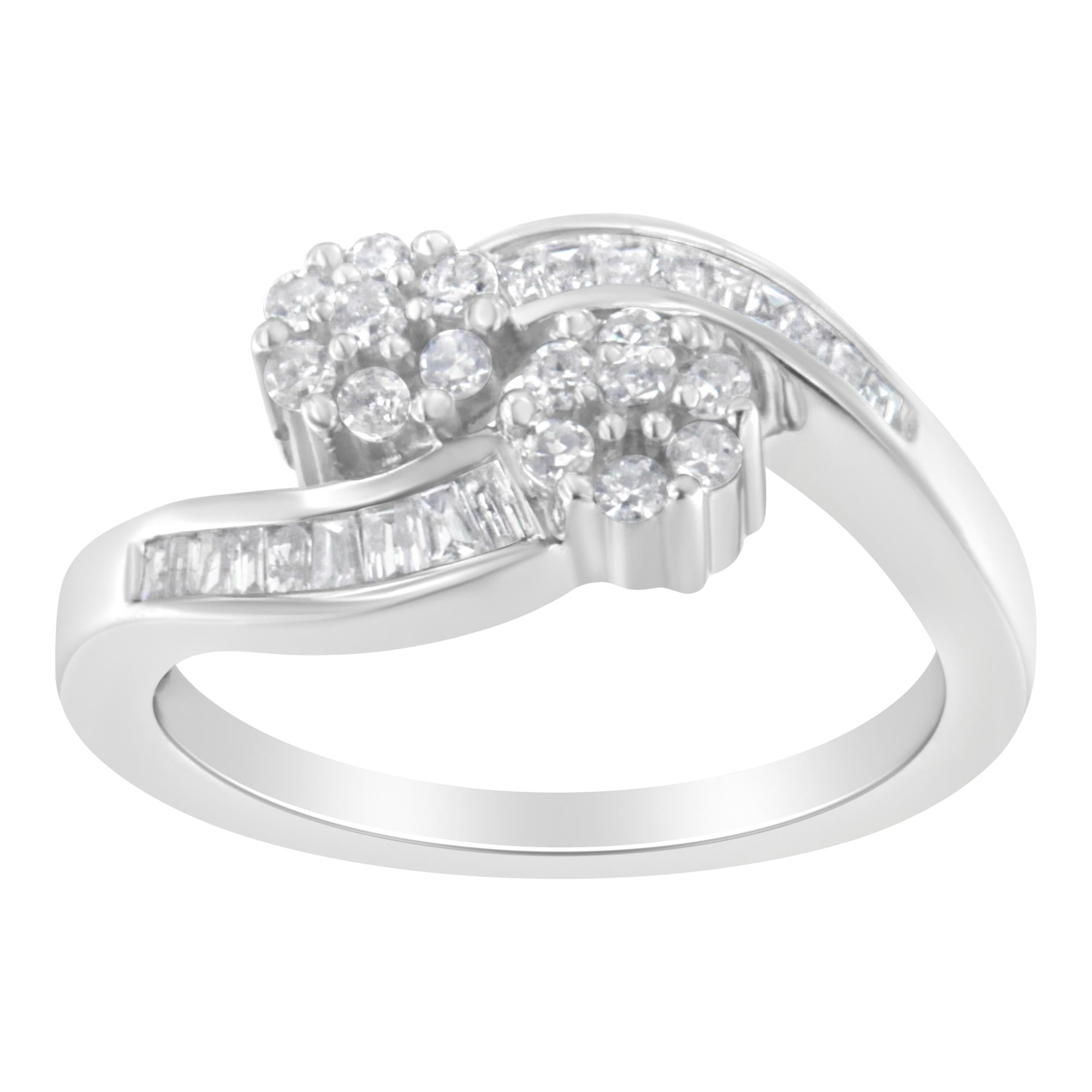 14K White Gold Round and Baguette Diamond Bypass Ring (1/2 cttw, H-I