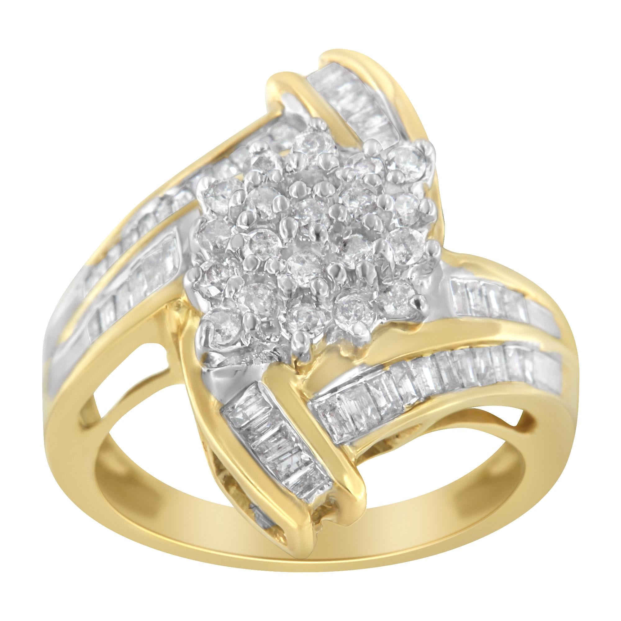 10K Yellow Gold Round and Baguette-Cut Diamond Bypass Cluster Ring