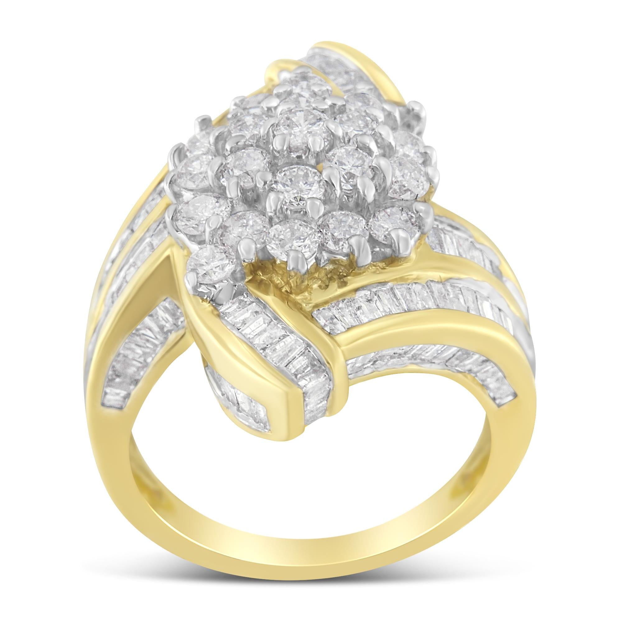 10K Yellow Gold Round and Baguette Diamond Crossover Cluster Ring (3