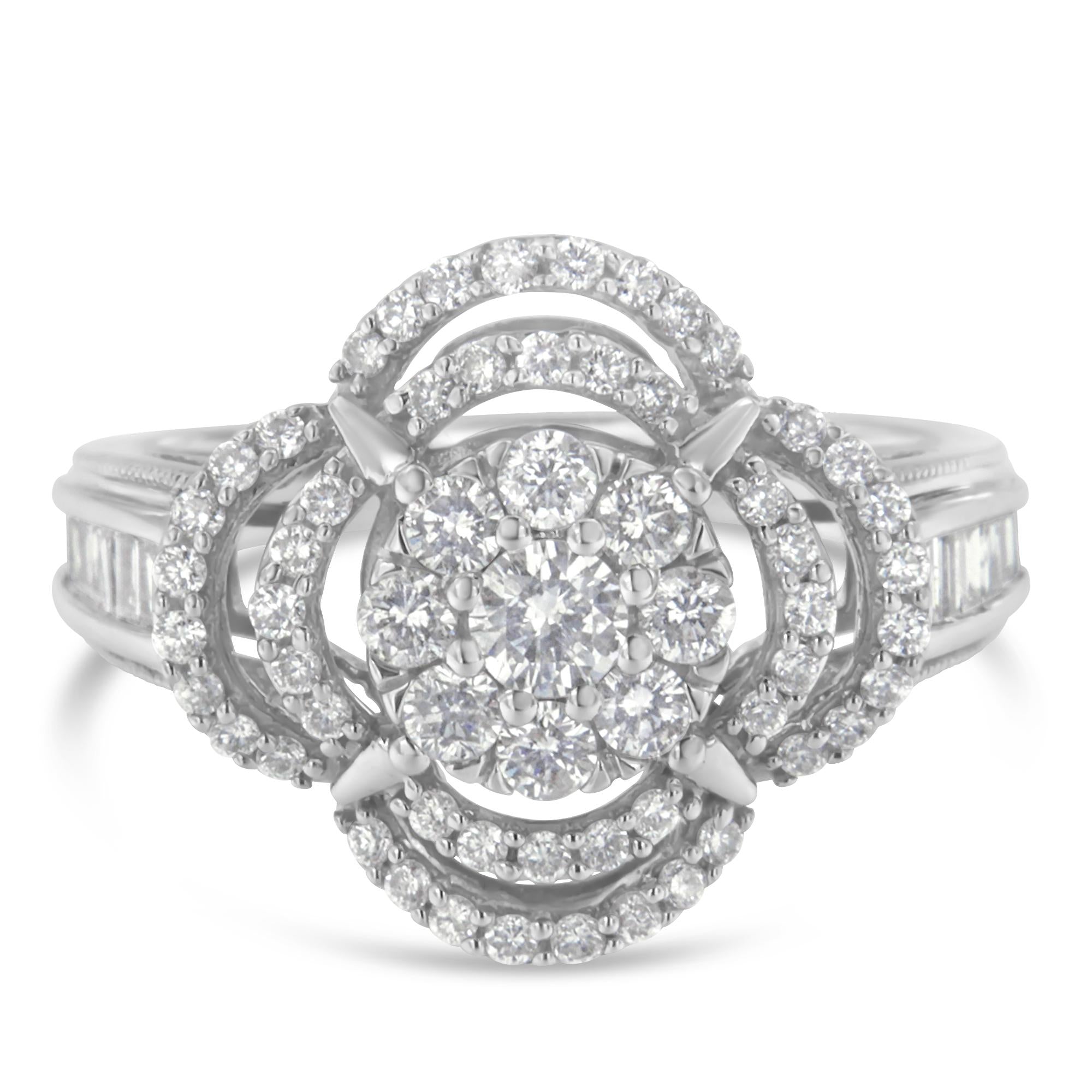 14K White Gold 1.0 Cttw Round & Baguette Cut Diamond Floral Cluster