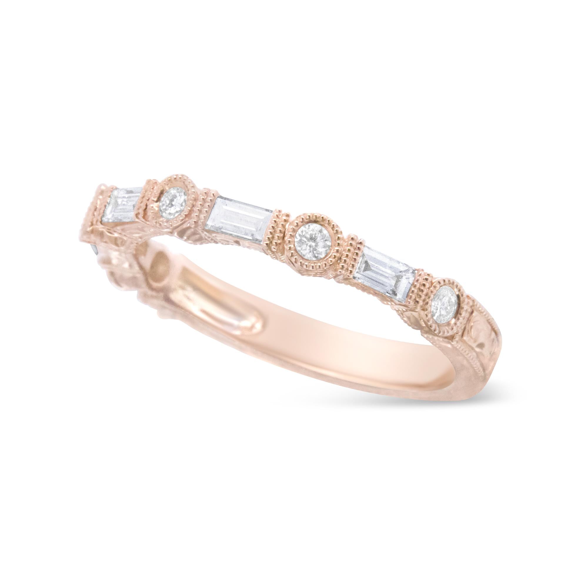 14K Rose Gold 3/8 Cttw Baguette and Round Diamond Bridal Band - (H-I