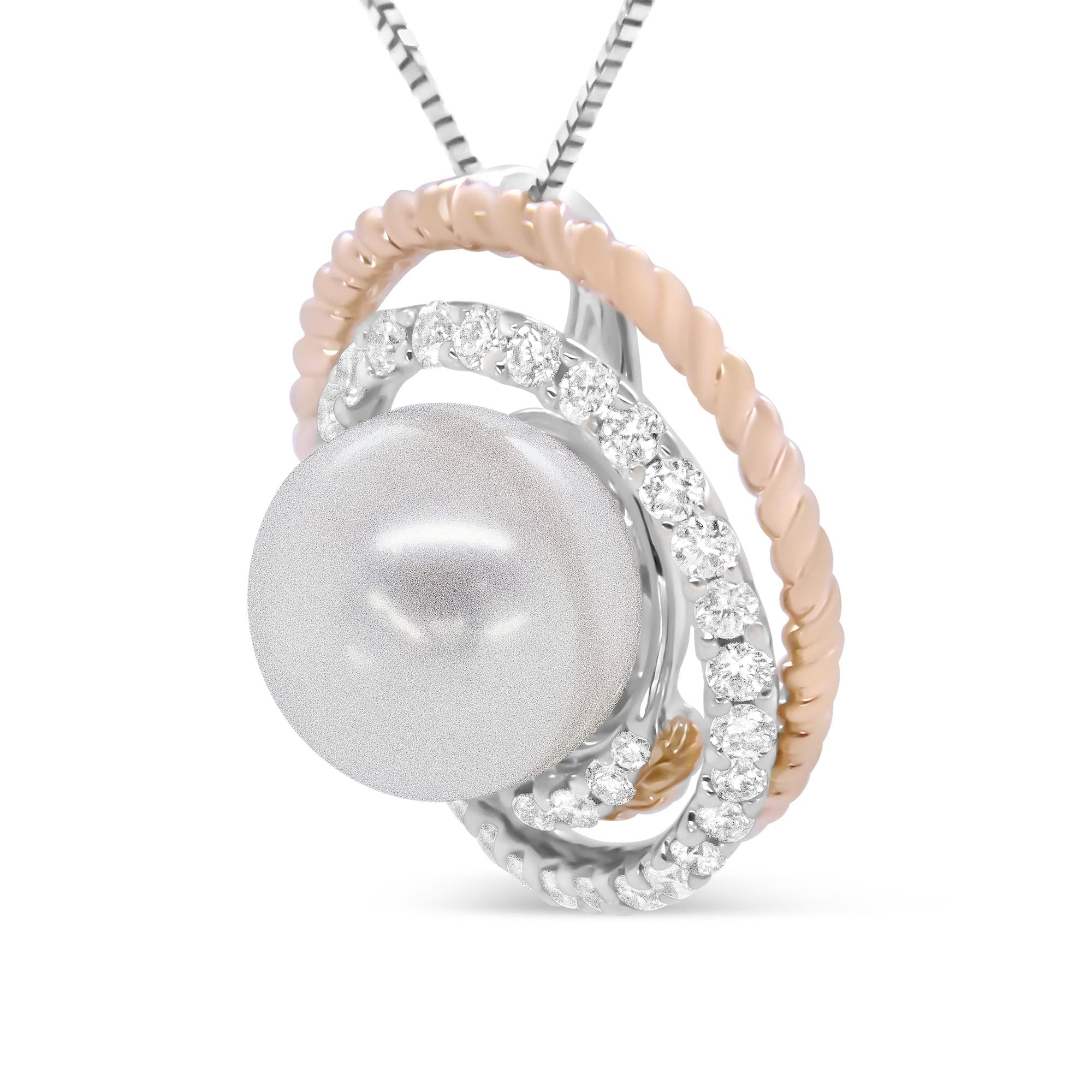 14K Rose and White Gold 3/8 Cttw Pave Diamond and 9mm Round Pearl