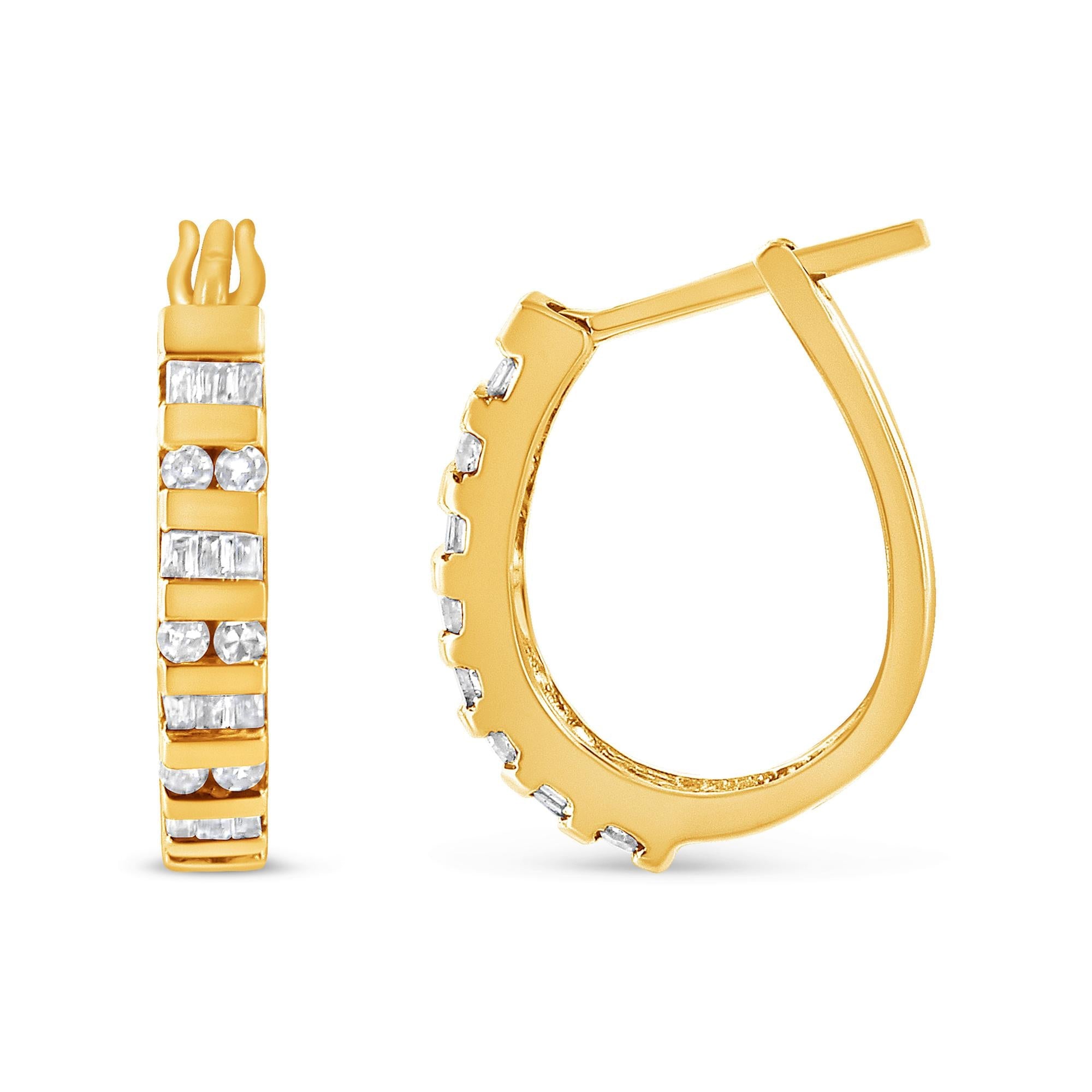 10K Gold Round and Baguette-Cut Diamond Hoop Earrings (I-J Color,