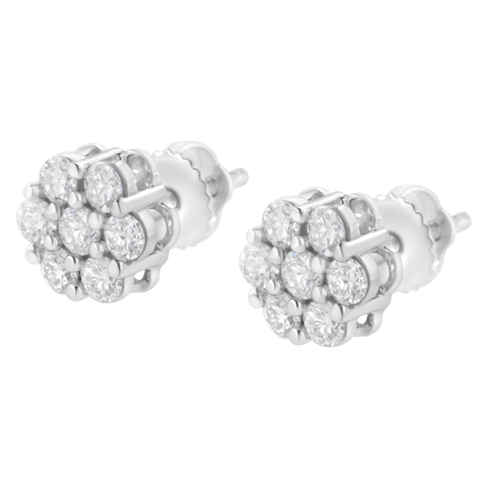 14K White Gold 7 Stone Floral Cluster Round Brilliant Cut Diamond Stud
