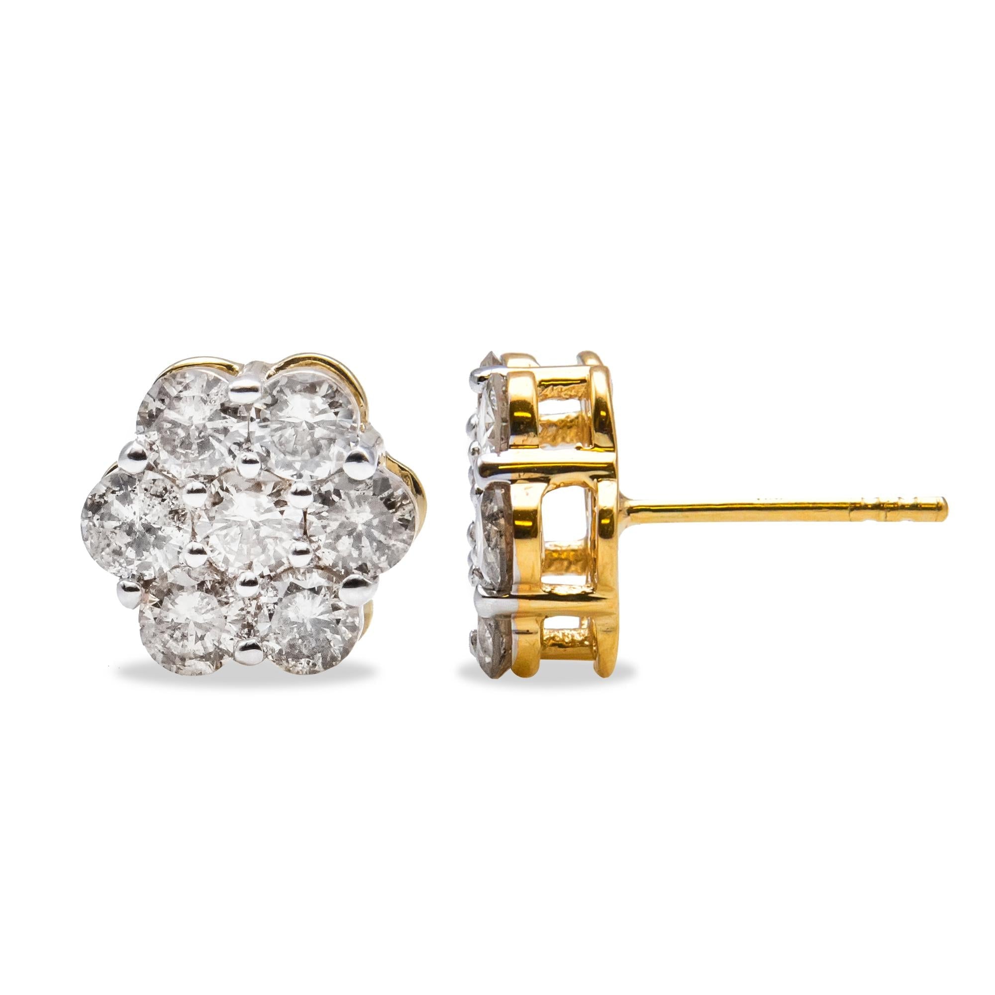 14K Yellow Gold 2.0 Cttw Diamond Floral Cluster Stud Earring with