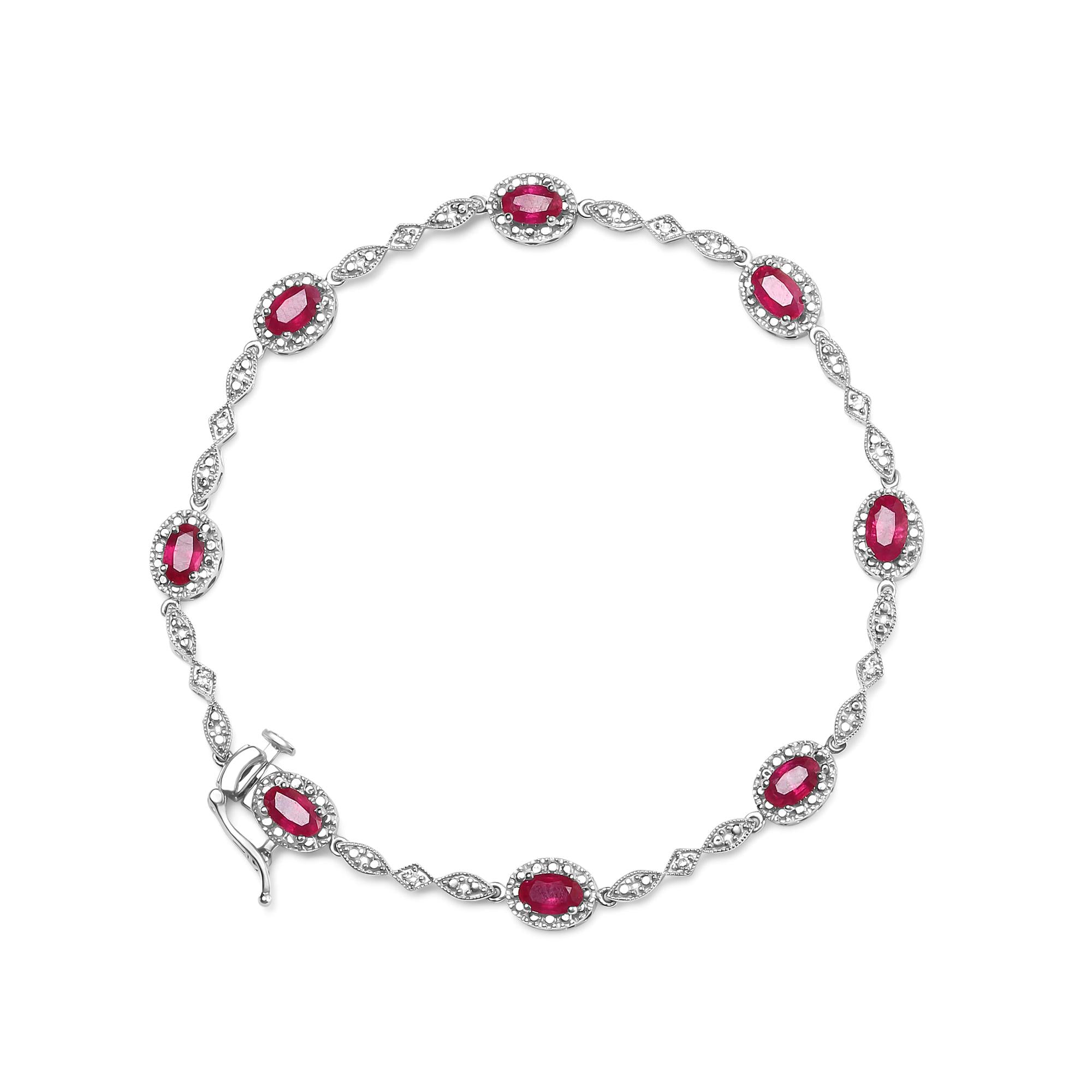 10K White Gold 4.5mm x 3mm Oval Ruby and Diamond Link Bracelet (H-I