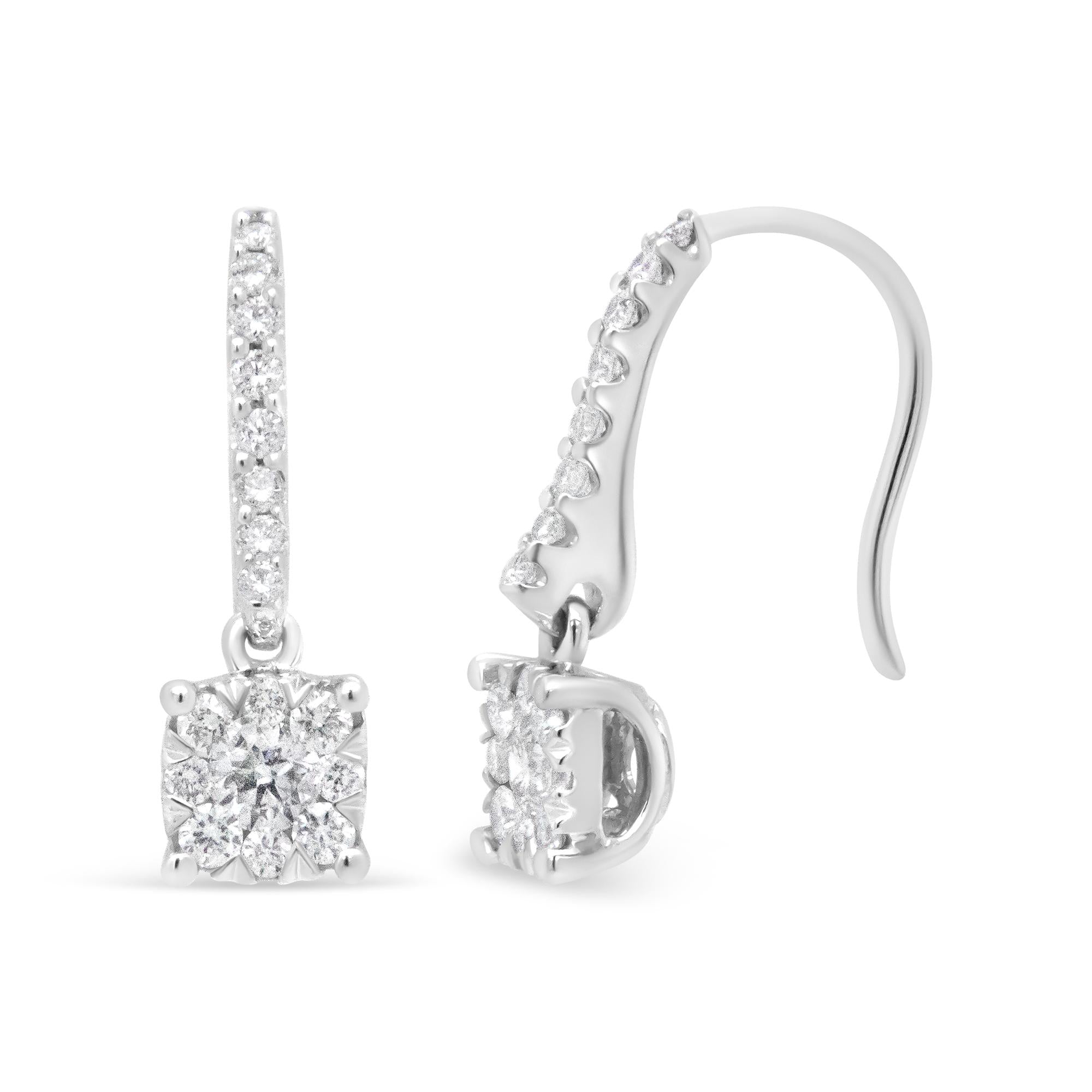 14K White 1/2 Cttw Round Diamond Halo Dangle Hook Earring - (H-I